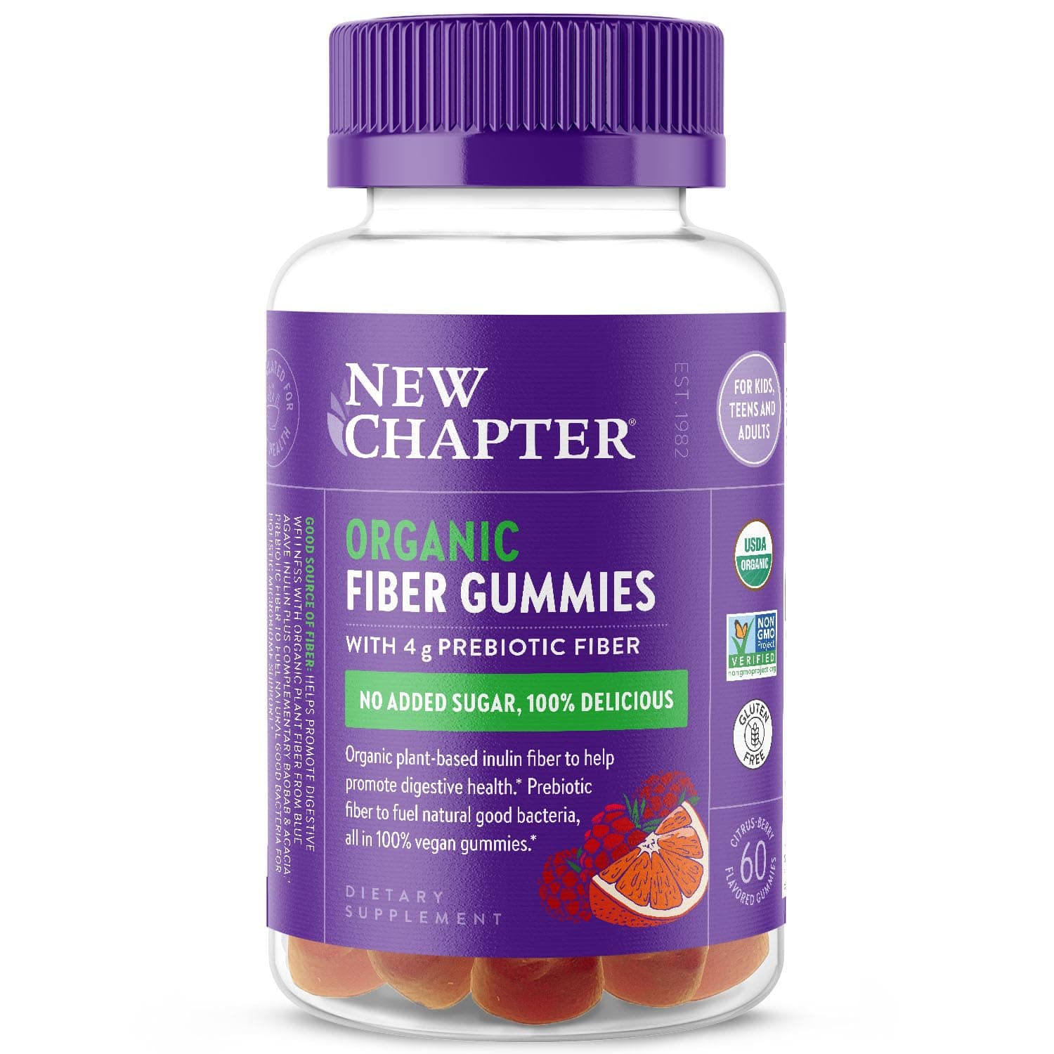Organic Fiber Gummies for Adults, up to 8g Plant-Based Prebiotic Fiber for Digestive Health, Vegan, Non-GMO, USDA Organic, Gluten Free, Citrus-Berry Flavored, 60 ct