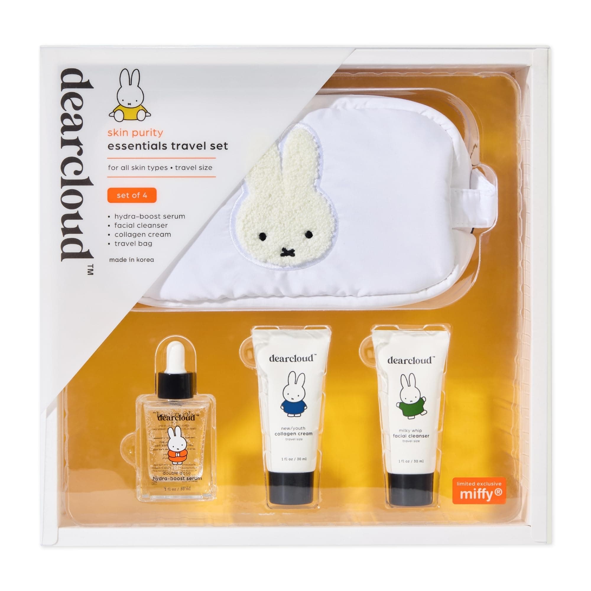 Miffy Skin Purity Essentials Travel Set of 4 ($55 Value) - Korean Skin Care Travel Set – Hydrating Korean Skin Care Travel Essentials Set with Cosmetic Bag
