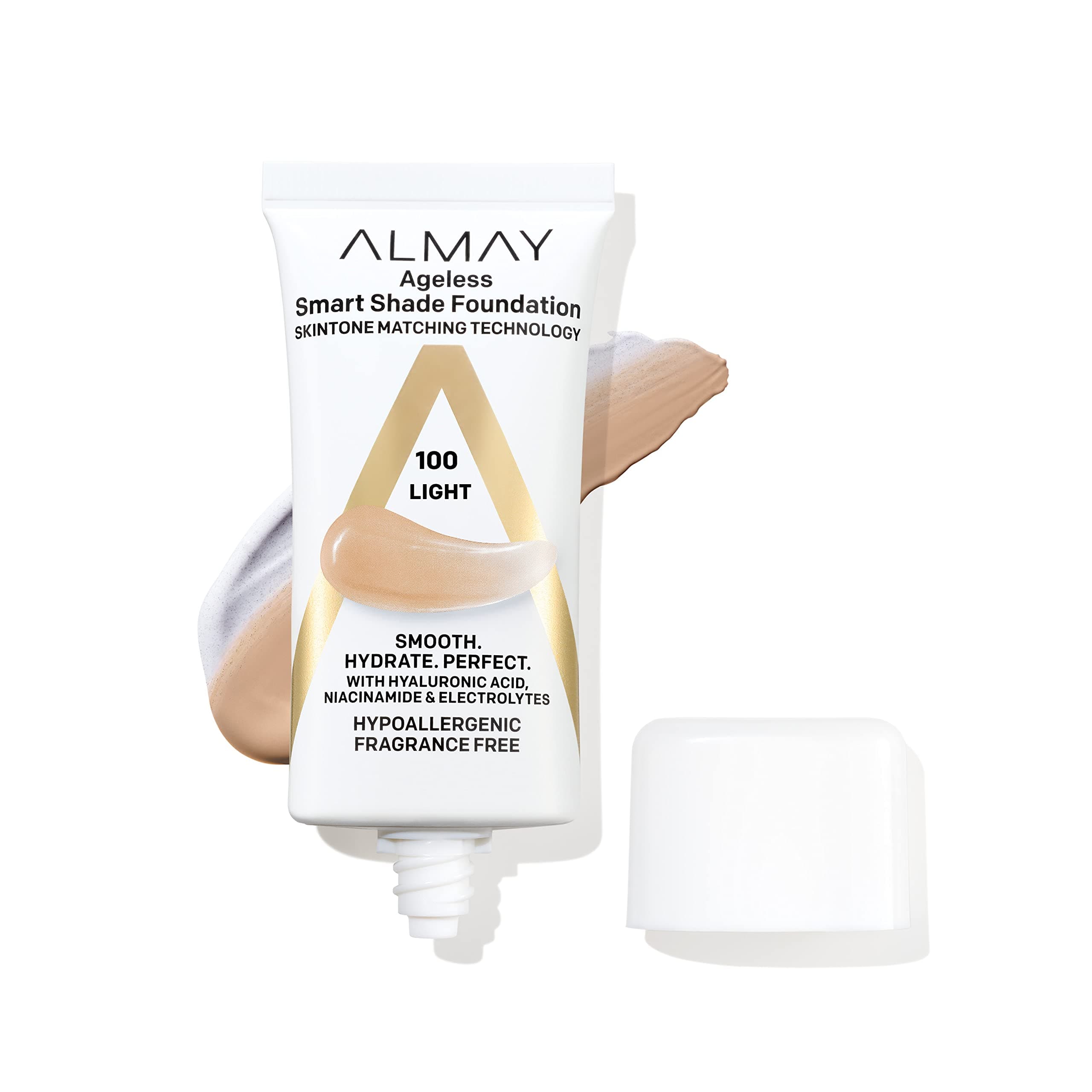 Almay Smart Shade Ageless Anti-Ageing Base with Hyaluronic Acid, Niacinamide, Vitamin C and E, Hypoallergenic, Unscented, 100 Light, Pack of 1