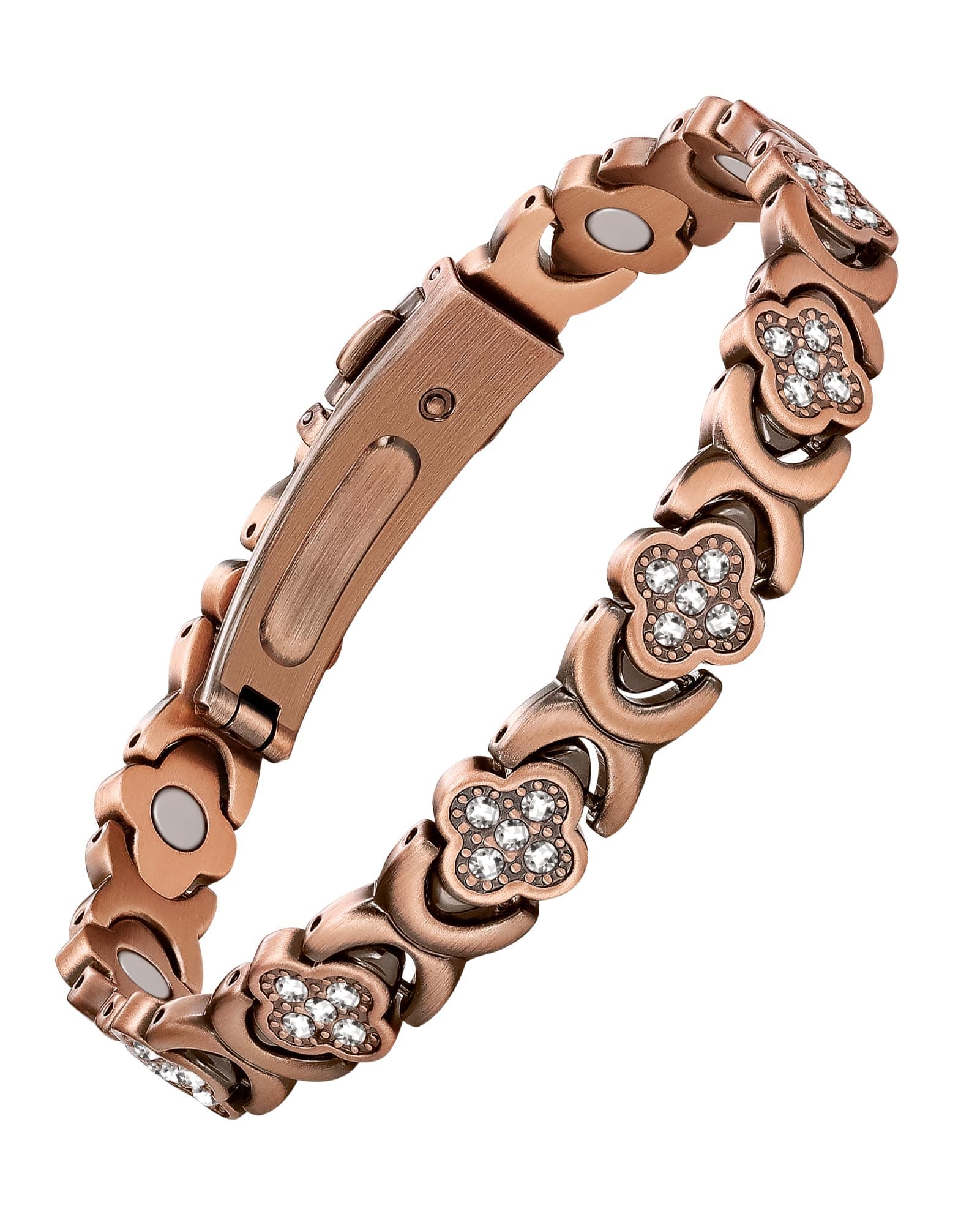 Pure Copper Bracelets for Women, Ultra Strength Magnetic Therapy Bracelet for Pain Relief with Neodymium Magnets & Sparkling Cubic Zirconia, Adjustable, Infinite Clover Jewelry