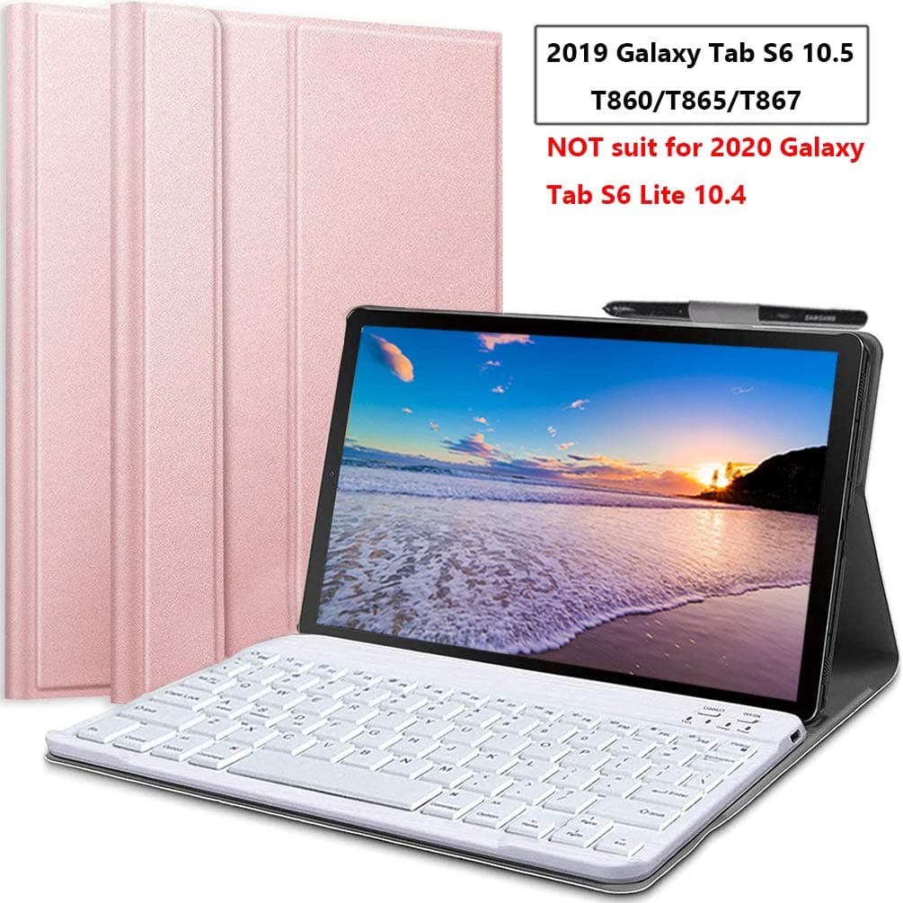 Keyboard Case for Galaxy Tab S6, Upworld Detachable Bluetooth Keyboard with Leather Cover Suit for Samsung Tablet 10.5 inch (Model : T860/T865/T867,2019) Support S Pen Wireless Charging, Rose Gold