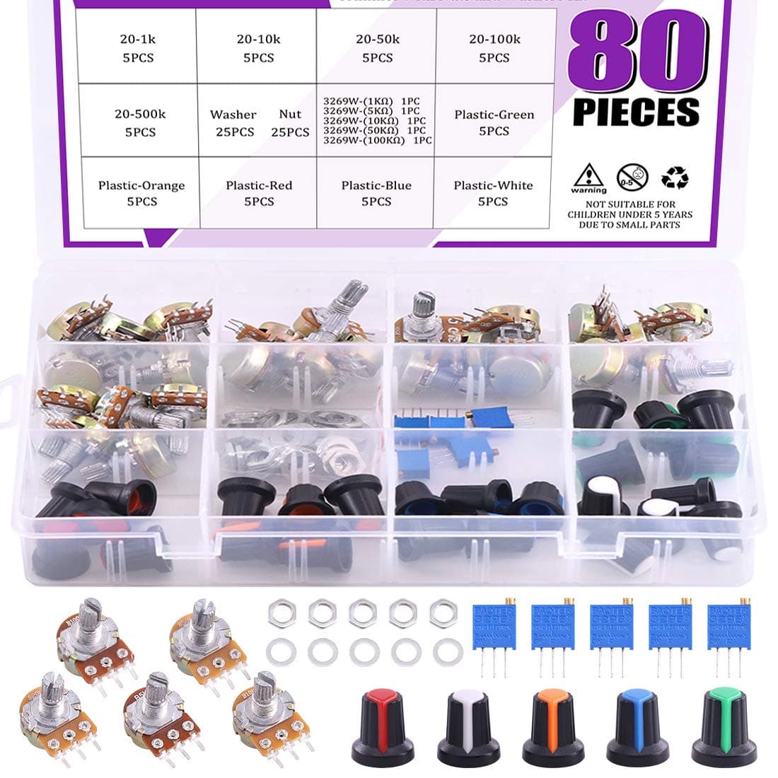 Sweet 80pcs 1K-500K Ohm Multiturn Strimmer 1K-100K Ohm Potentiometer Kit Knurled Shaft 3 Single Linear Terminals High Precision Variable Nuts and Washers
