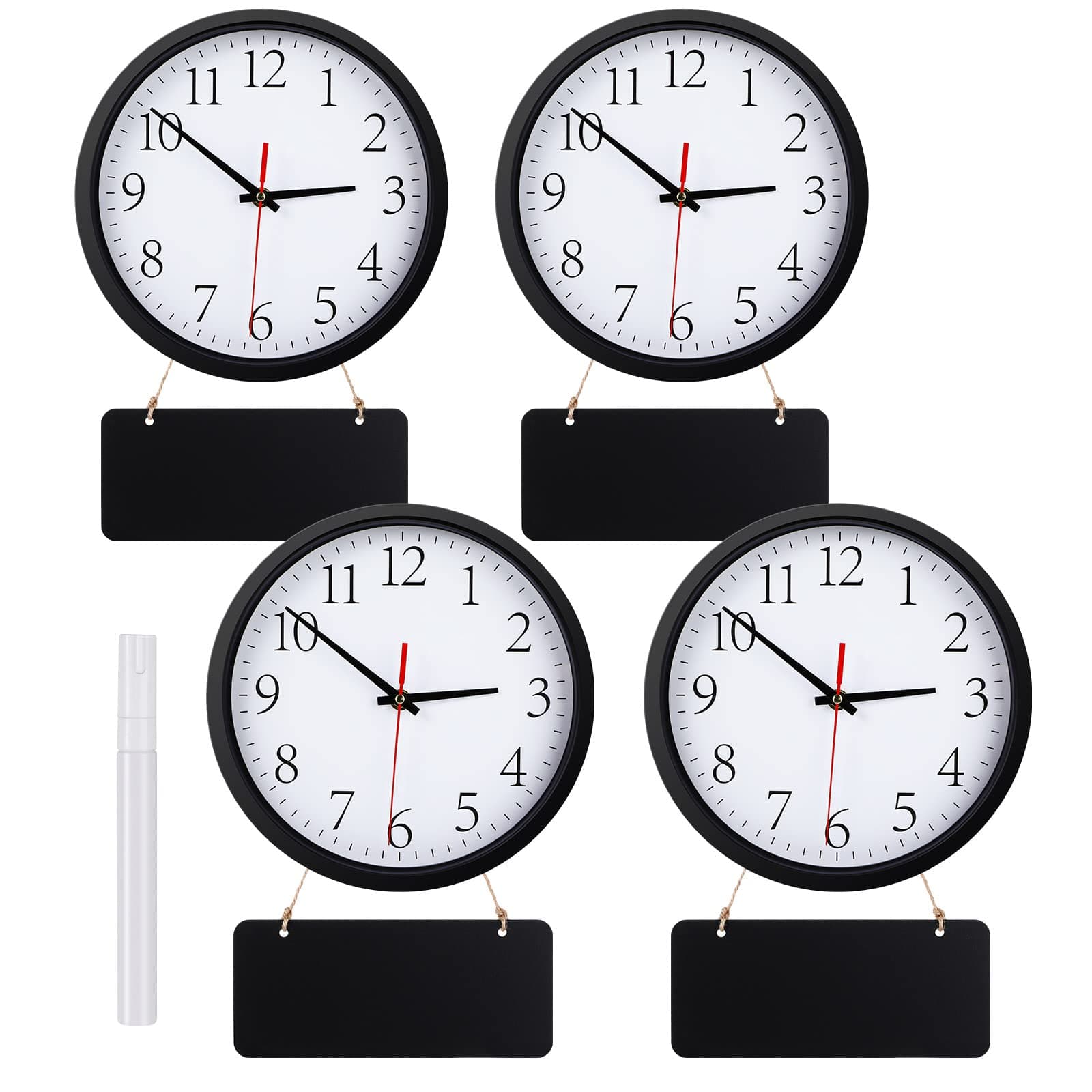 4 Pcs Silent Wall Clocks 10 Inch with Chalkboards and Marker, Battery Operated Round Multi Time Zone Clocks for Home, Kitchen, School, Office, Reception Areas, Classroom Decor