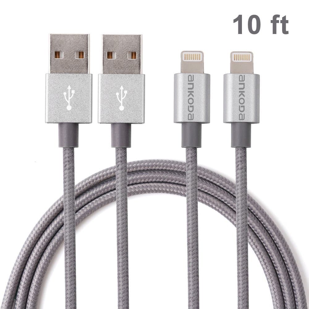 2Pack 10ft/3M Nylon Braided Lightning to USB Cable, Lightning Data Sync & Charge USB Cable for iPhone SE 6S 6S Plus 6 6Plus 5S 5C 5, iPad Air Air 2 mini2 mini3 4th, iPod Nano, iPad Pro and More (Grey)