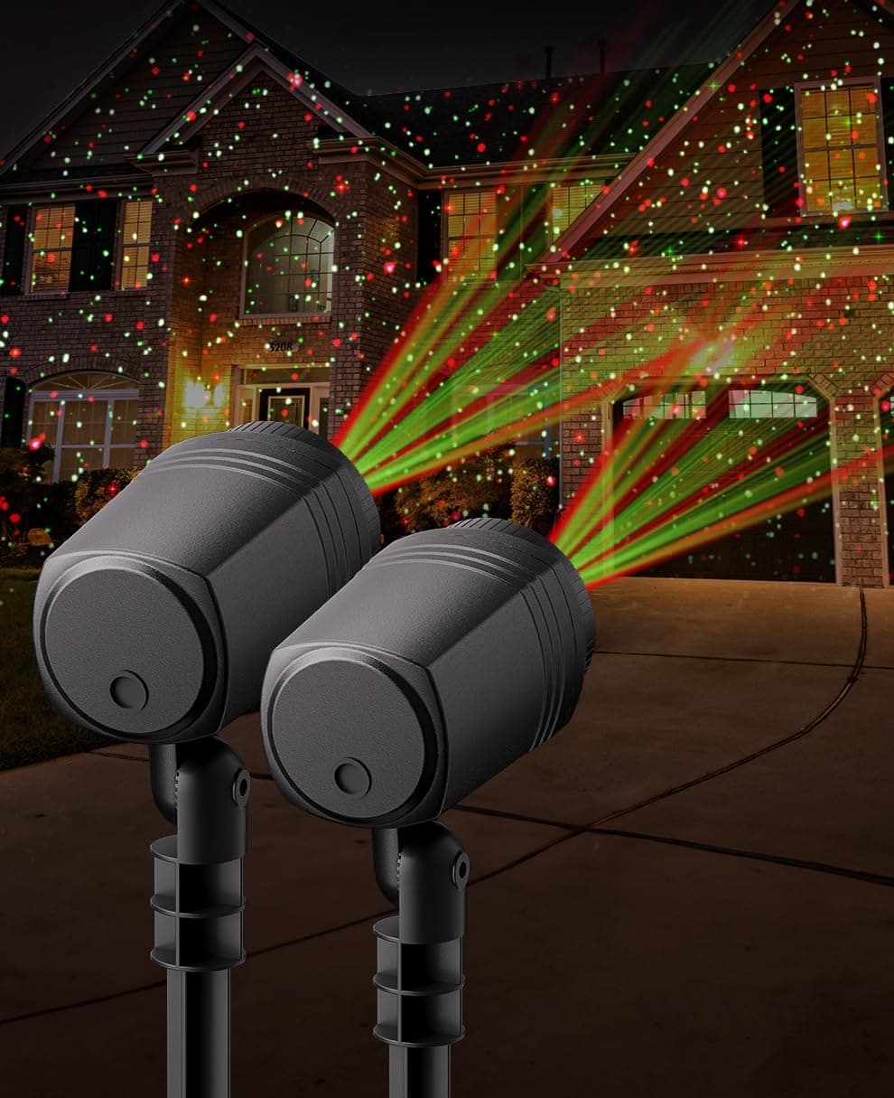 Christmas Projector Lights Outdoor: Red and Green Christmas Laser Lights Outdoor for House Garden Holiday - Christmas Light Show with Remote 3540 Sq Ft (Christmas & Fireflies Patterns)