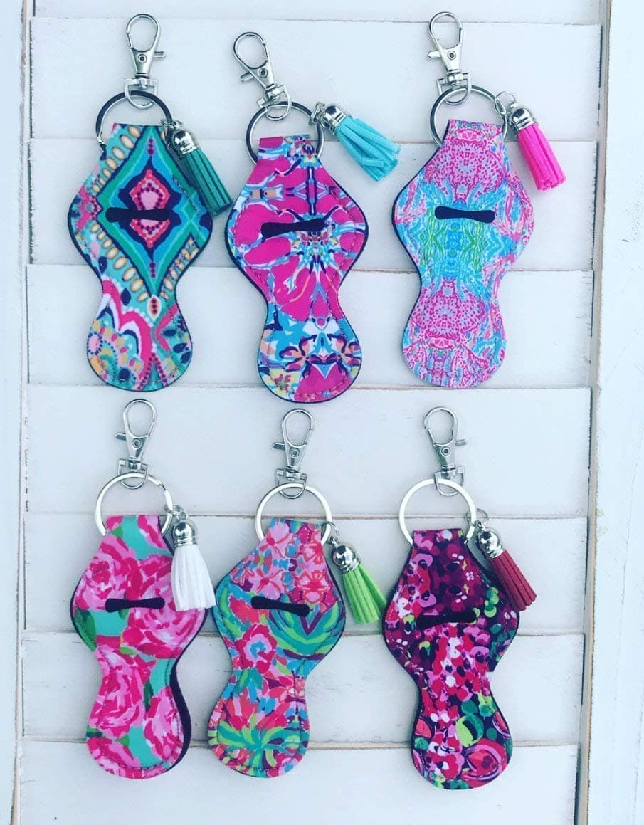 Set of 6 Floral Pattern Neoprene Travel Keychain Case for Essential Oil Roller Bottles, Lipstick, Lip Balm, Lip Gloss, Mascara, Standard Roll-on Leather Tassel Diffuser & Swivel Clasp Spring