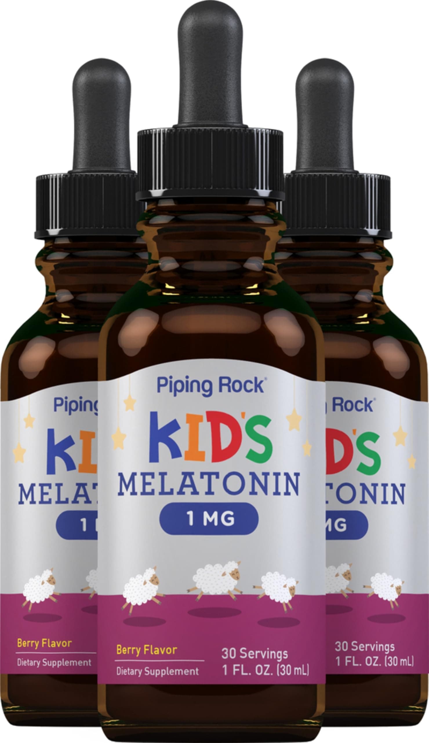Piping Rock Kids Melatonin Liquid 1 fl oz | 1mg | Pack of 3 Bottles | Berry Flavor Drops | Non-GMO, Gluten Free Supplement