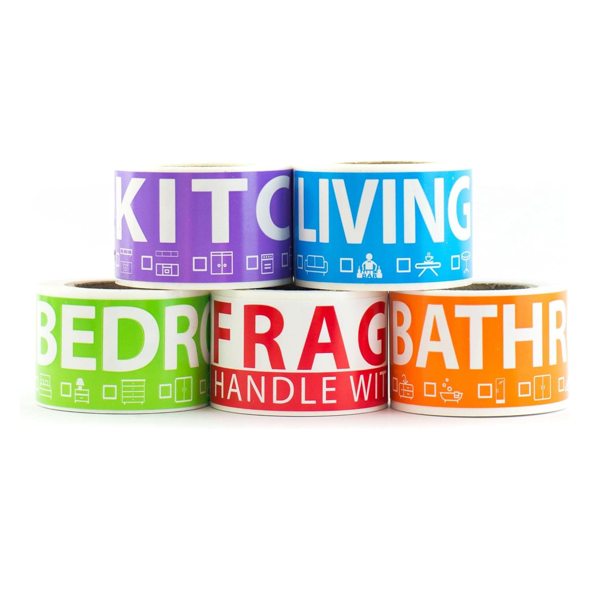 250 Permanent Home Moving Box Labels. 1 Bedroom Apartment. 50 Labels Per Room, 5 Colour Coded Permanent Rolls. Fragile Label Included for Moving Boxes, Moving Supplies, Wardrobe Boxes, House Sticker