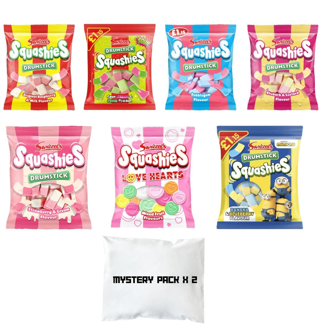 MYSTERY PACK - Squashie DrumStick Candies – Multiple Pack Sizes – Get Random Flavors – Soft Chewy Sweets – Surprise Candy Imported from UK - 2 PACK