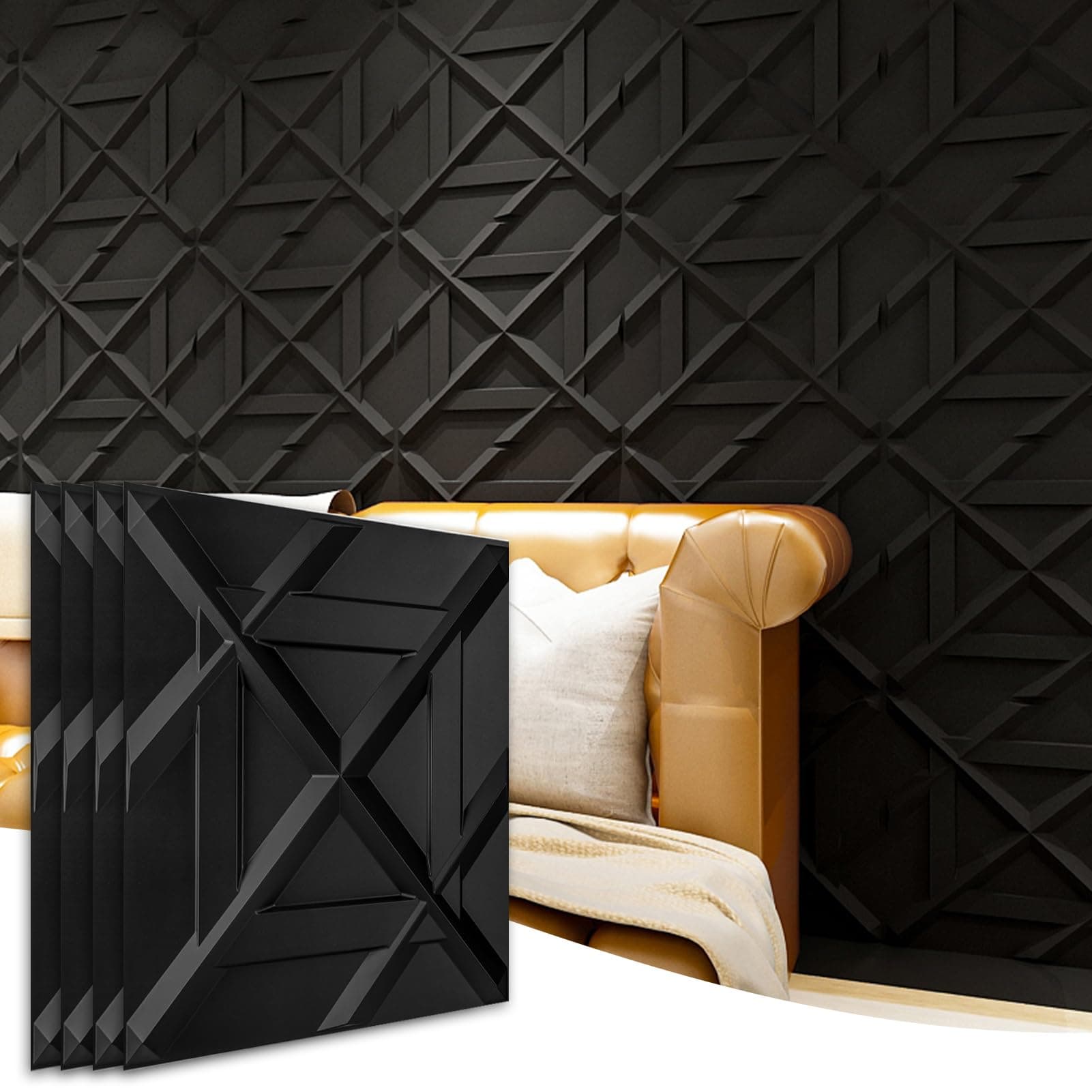 PVC 3D Wall Panel, Decorative Wall Tile in Black 12-Pack 19.7"x19.7"
