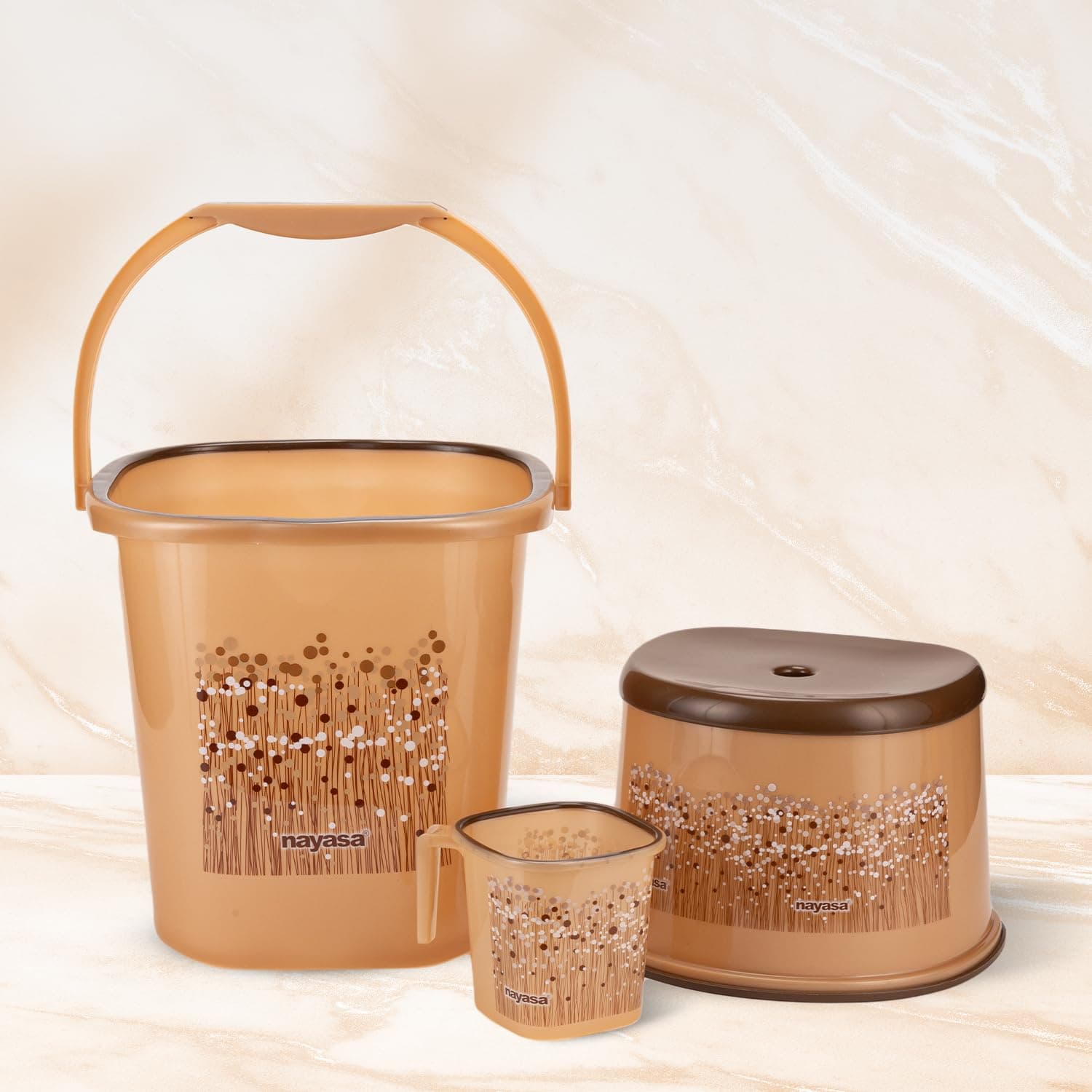 Nayasa Square Ring Funk Plastic Set for Bathroom | 25 Liters Bucket & 1.5 Liters Mug | Bathroom Set of 3 | Bathroom Accessories Set | Bucket and Mug with Stool | Brown