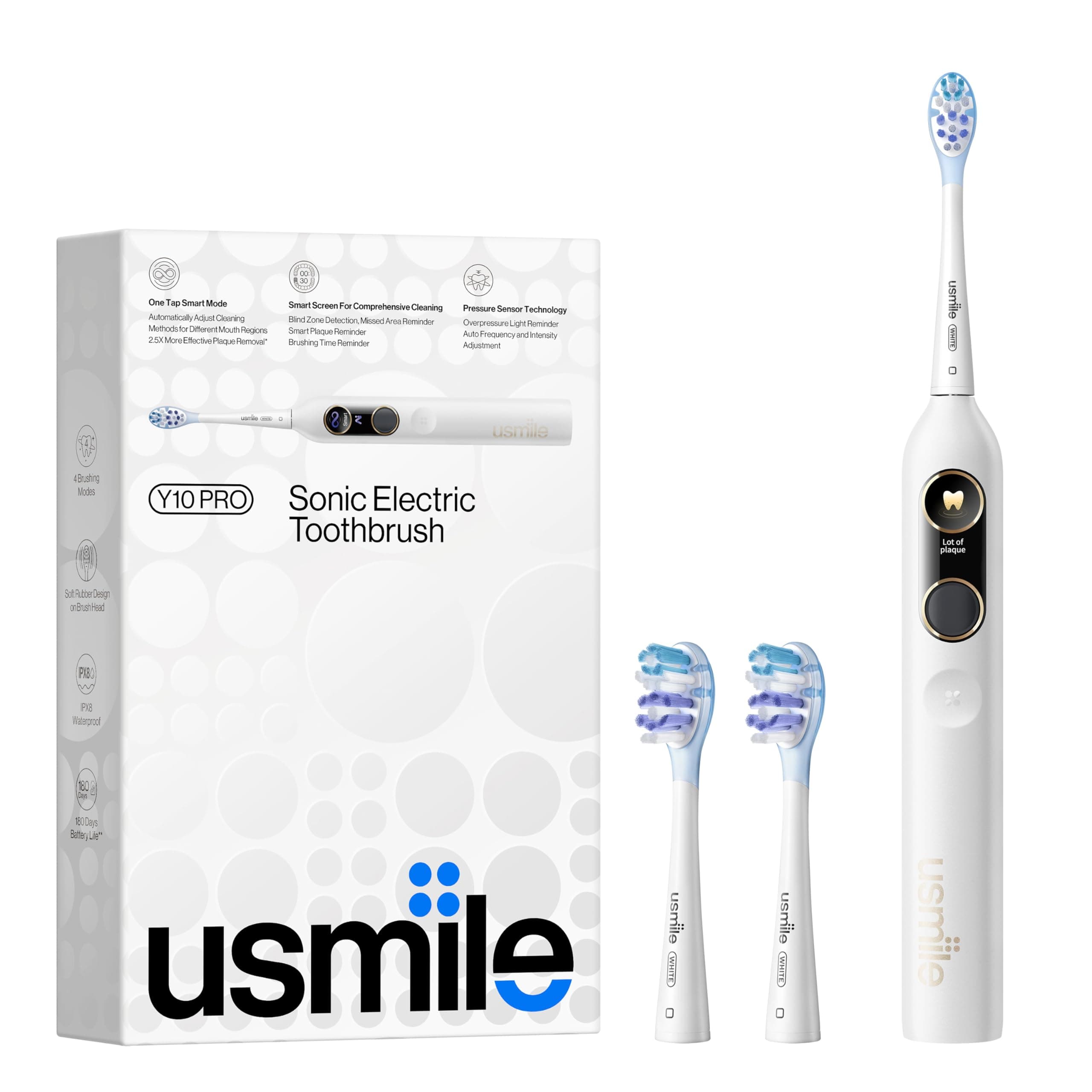 Y10 PRO Electric Toothbrush with Smart Screen, Pressure Sensor, IPX8 Waterproof, White, Rechargeable, 180-Day Runtime, USB-C Charging, Adults, 1 Count
