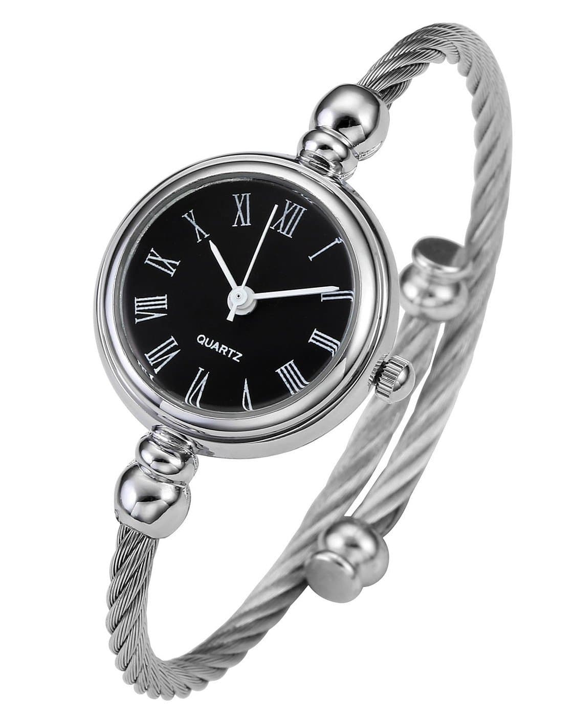 Top Plaza Womens Fashion Silver Tone Analog Quartz Bangle Cuff Bracelet Wrist Watch, Unique Elegant Stainless Steel Wire Band, Roman Numerals