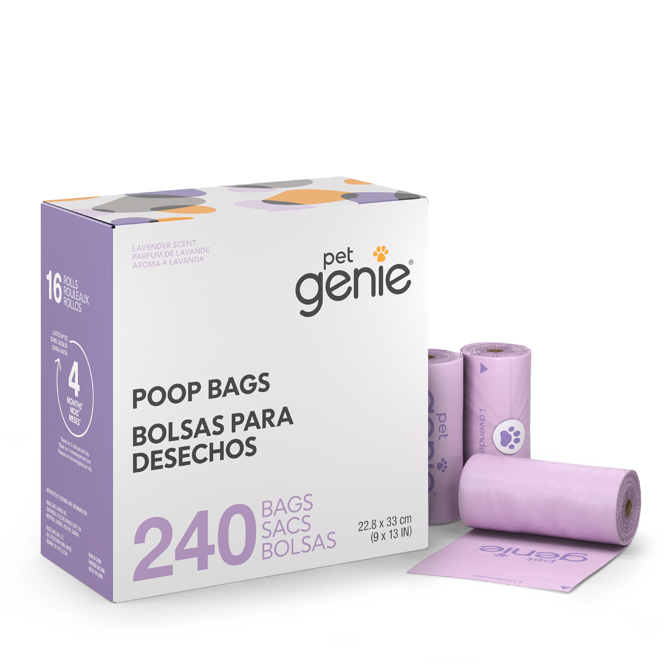 Pet Genie, Dog Poop Bags Rolls Scented, Extra Strong & Leak-Proof for Dogs, Lavender Scented, Easy Tear Pet Waste Bags, Made from 65% Recycled Plastic, 16 Rolls (240 Count)