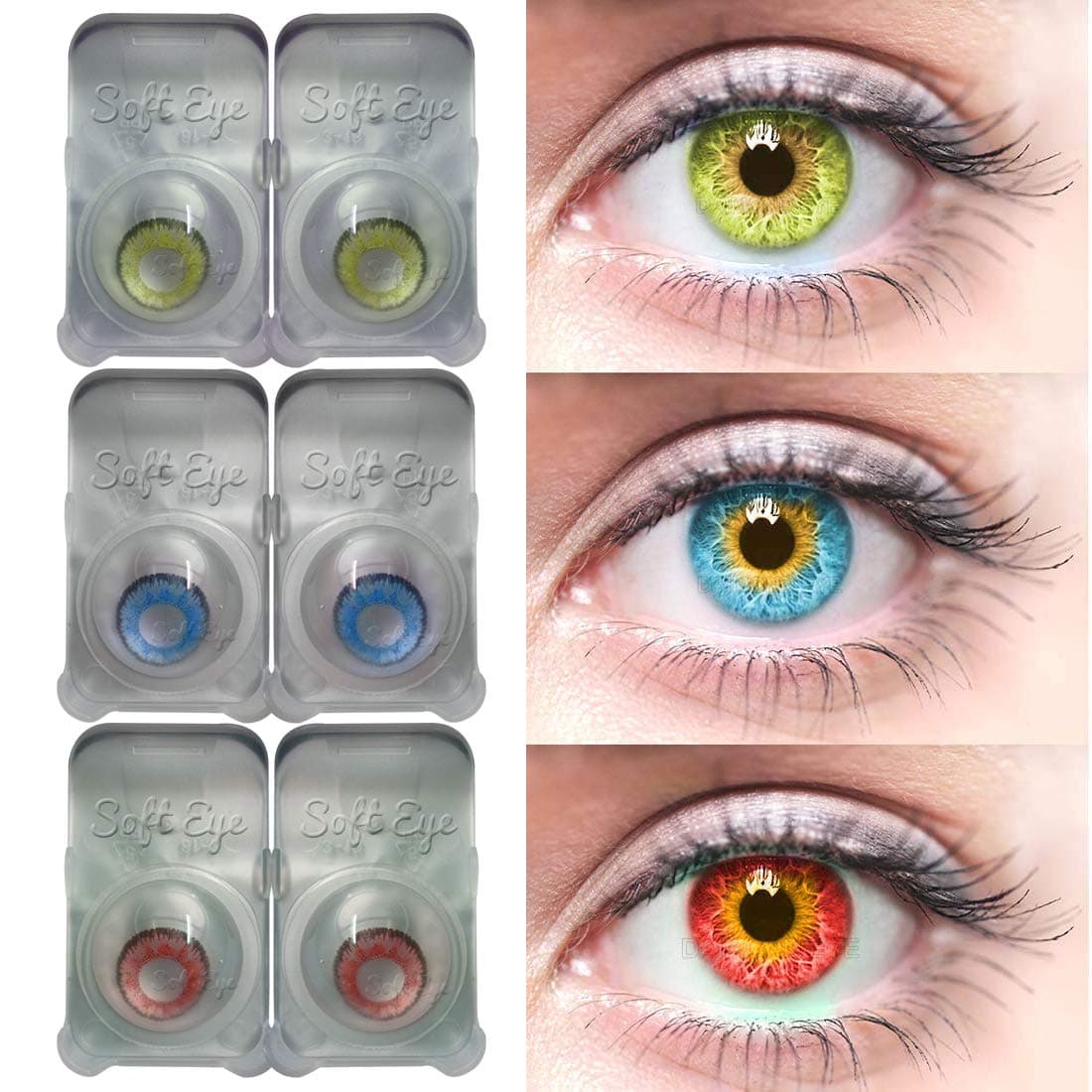 Soft Eye 3 Pair Blue, Green & Red contact lens with 3 case