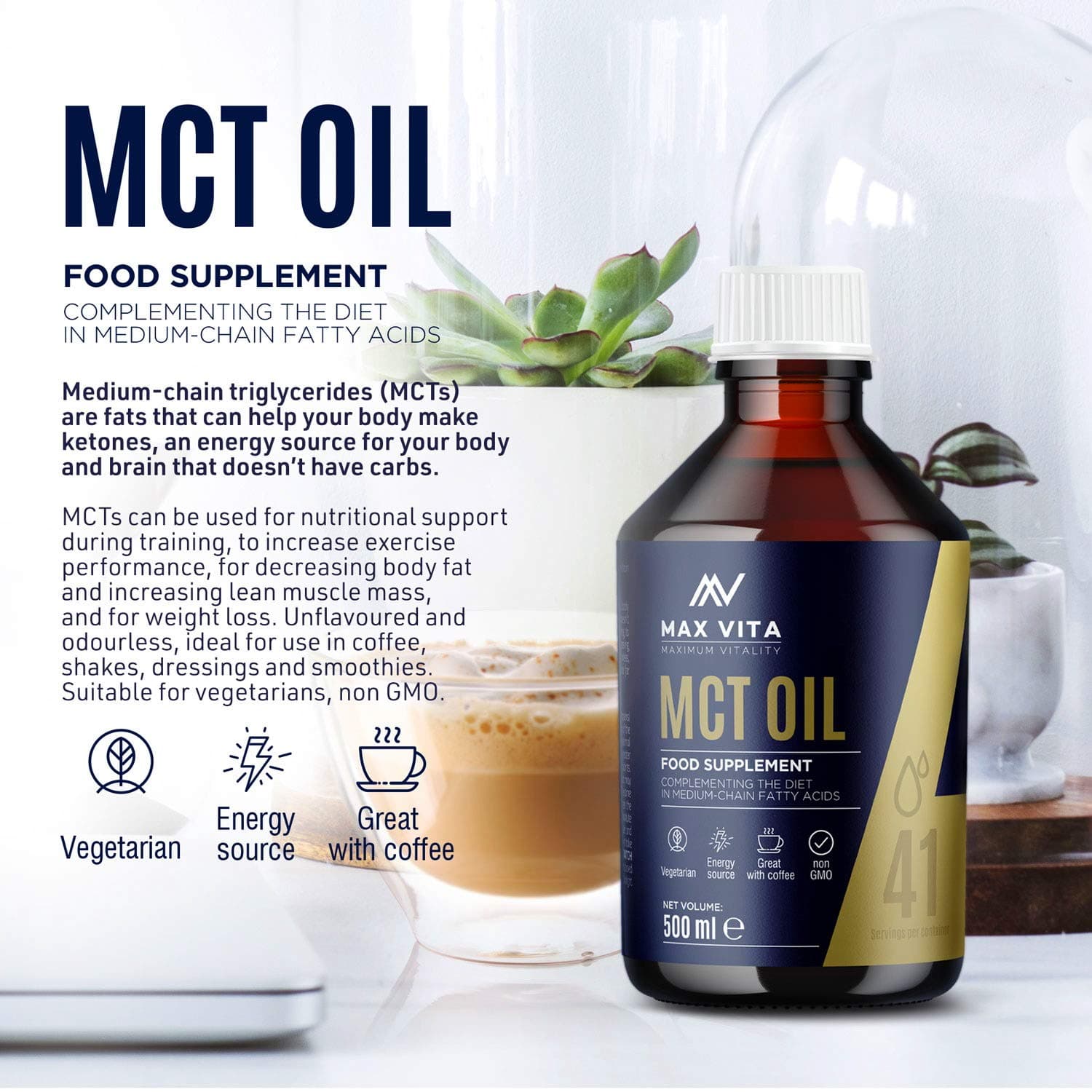 MCT Oil 100% Pure C8 C10 Oil 500ml, Boosts Ketones, Premium Energy Source with no Carbs, Great for Bulletproof Coffee, Shakes or Salad, Perfect for Keto and Paleo Diet, Vegetarian Friendly