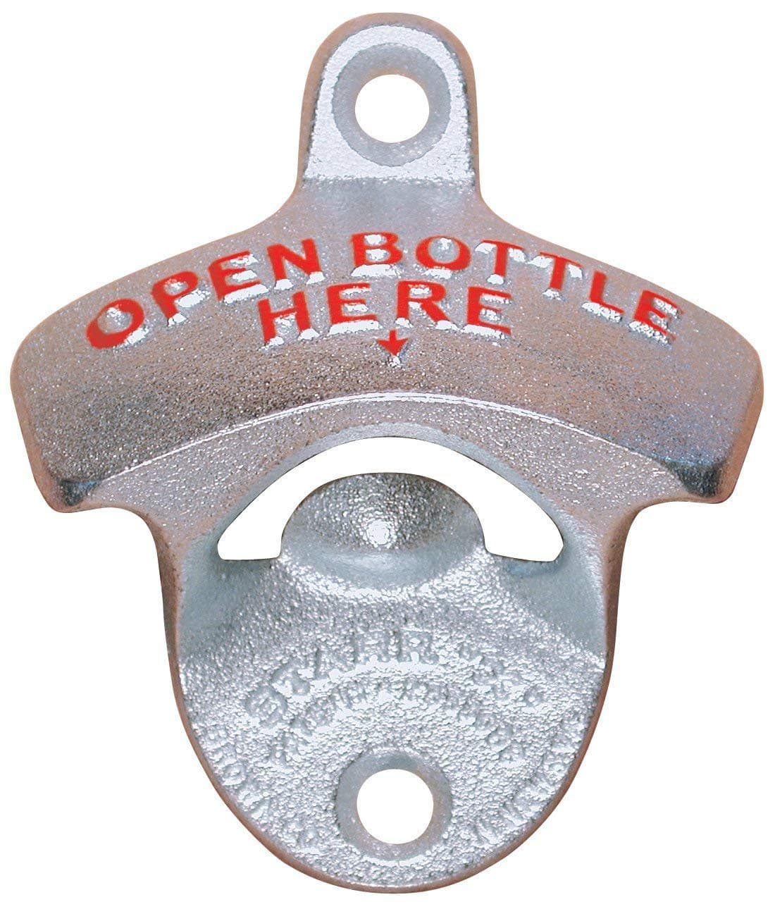 Original Open Here Wall Mounted Bottle Opener, American-Owned Zinc-Plated Cast Iron Bottle Opener with Screws, Vintage-Style Wall Mount for Bar, Garage, Patio, Kitchen, Compact & Easy to Install