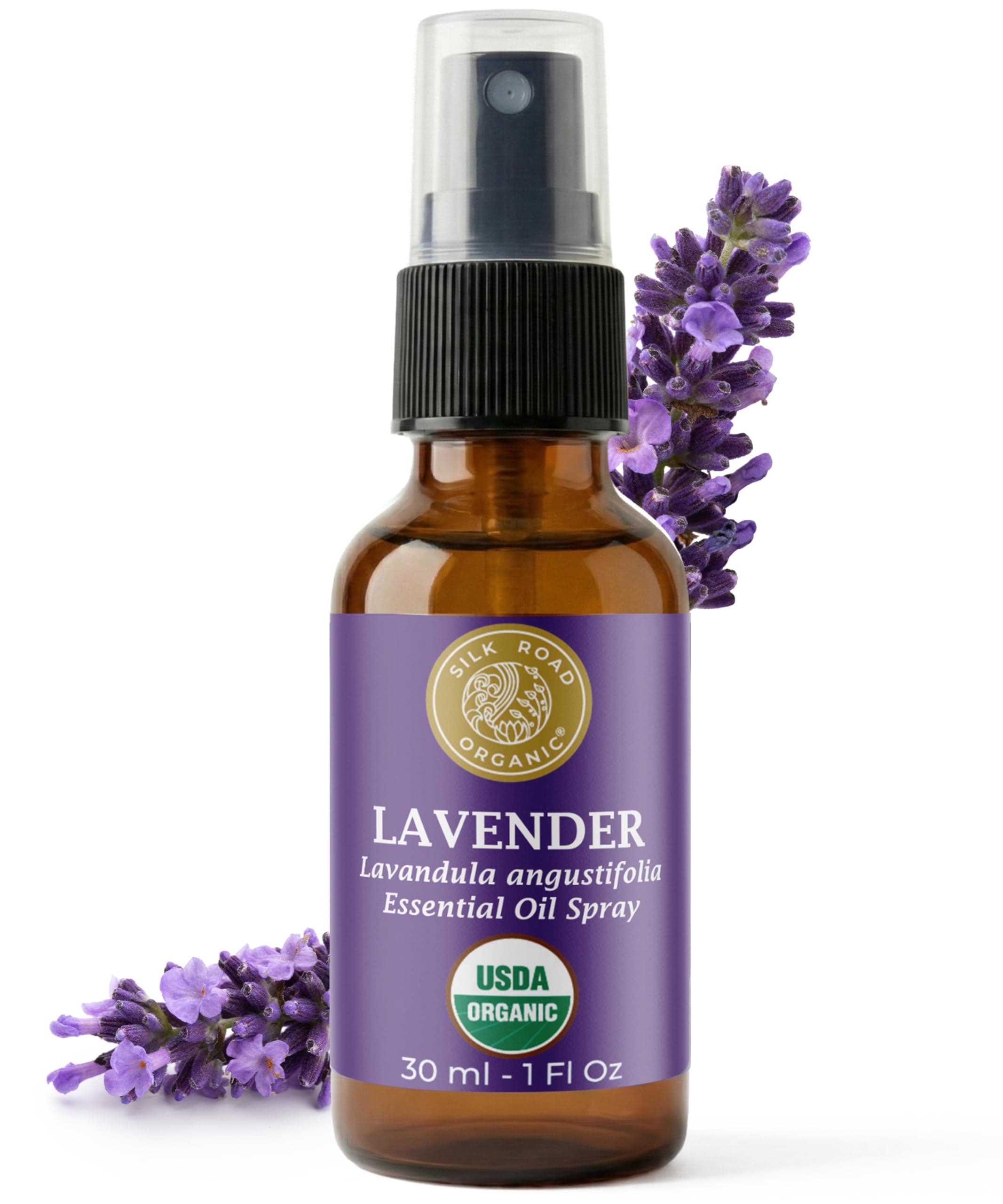 Silk Road Organic Lavender Essential Oil Spray, Lavandula Angustifolia, 100% Pure USDA Certified Aromatherapy for Calming, Relaxation & Skin – 1 oz Spray - Always Pure, Always Organic