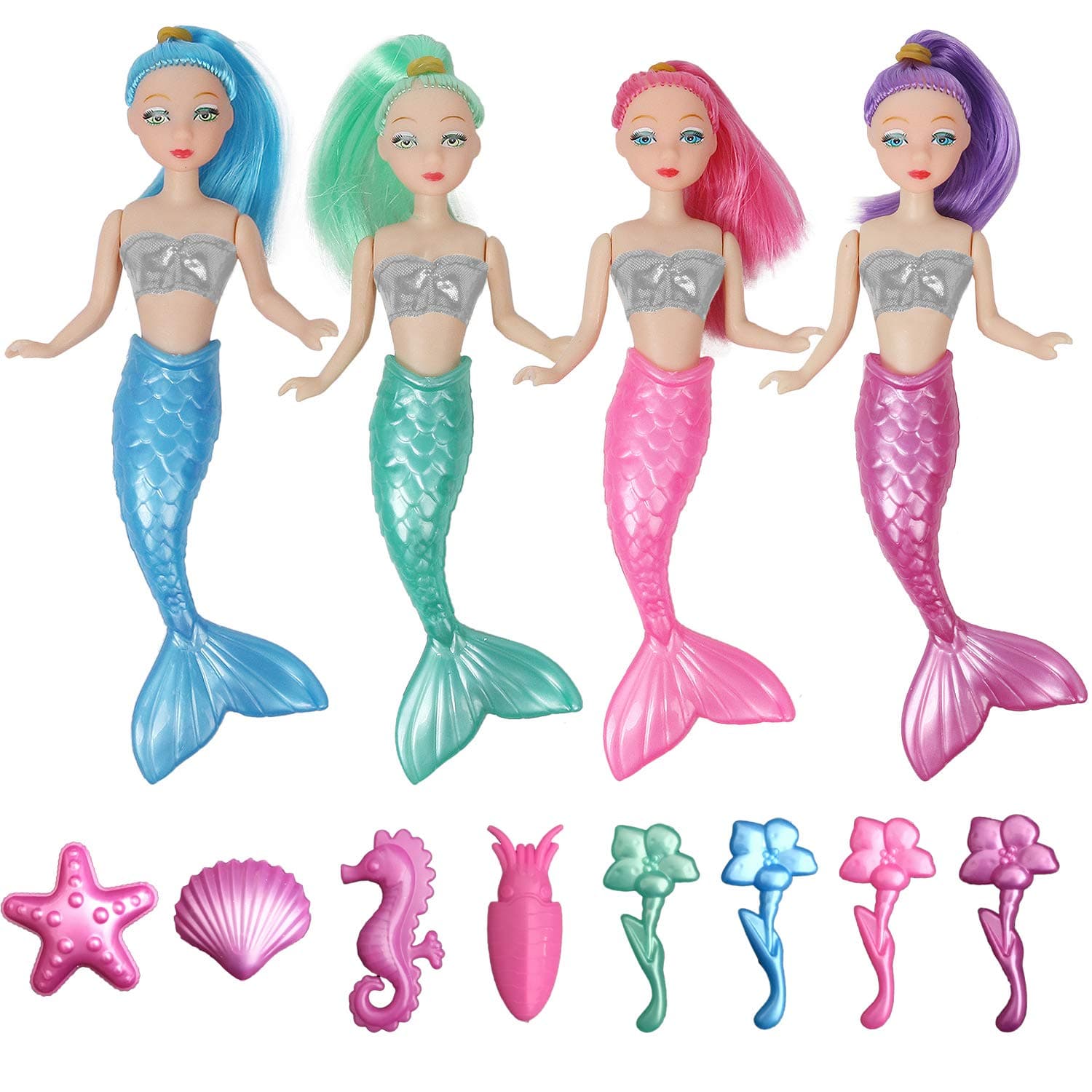 Pack of 4 Color-Hair 6'' Mini Doll with 8 Accessories Toy