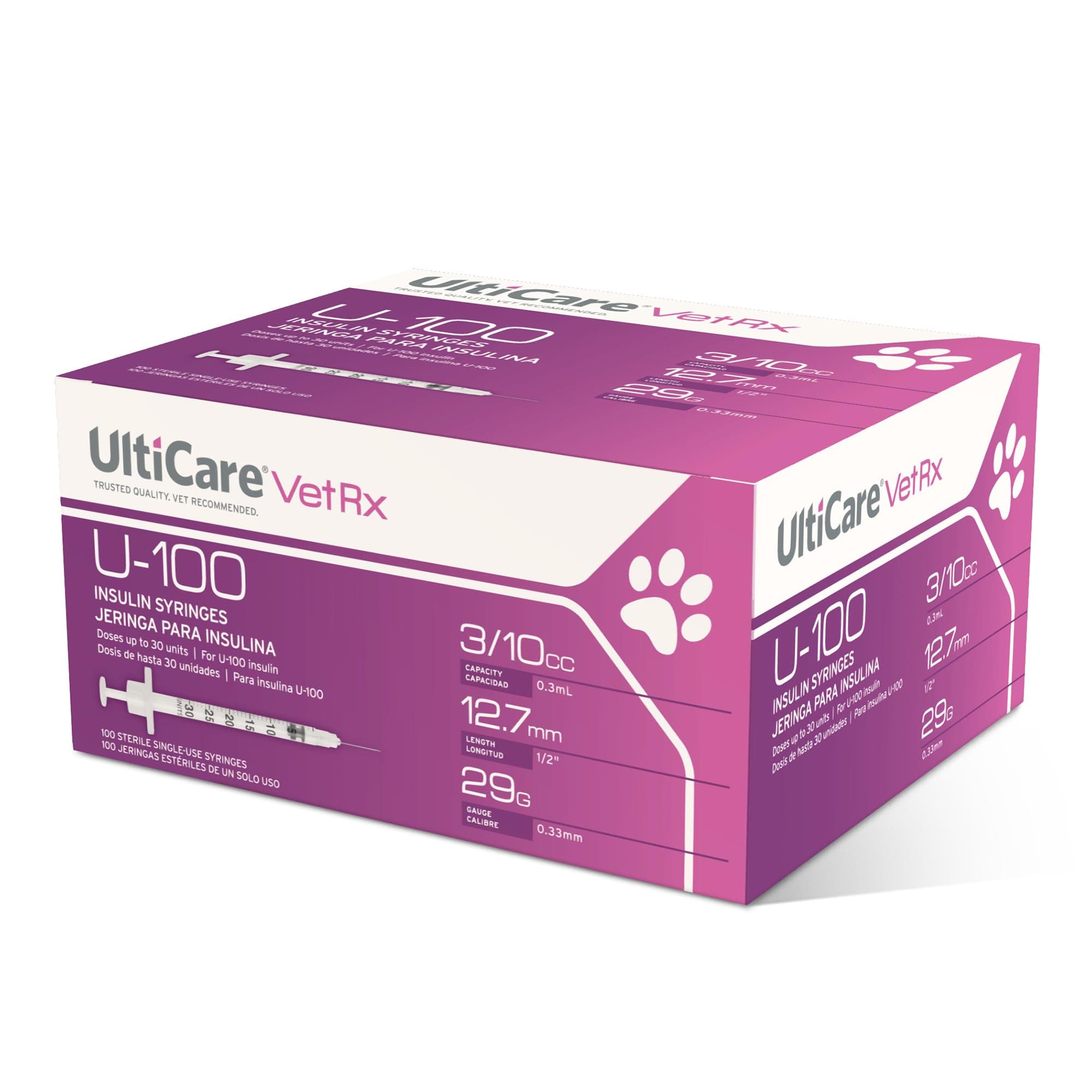 UltiCare VetRx U-100 Pet Insulin Syringes, Comfortable and Accurate Dosing of Insulin for Pets, Compatible with Any U-100 Strength Insulin, Size: 3/10cc, 29G x 1/2’’, 100 ct Box