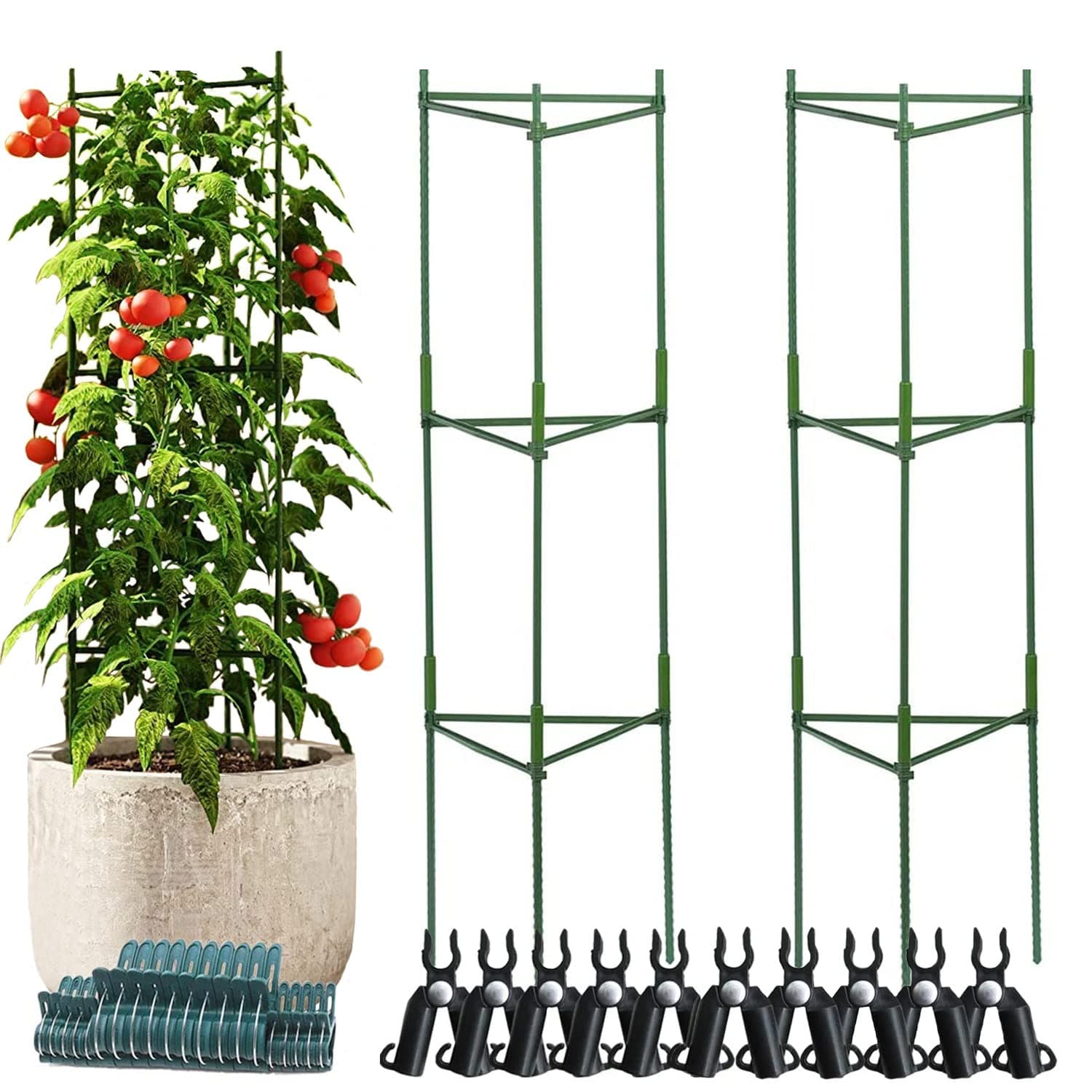Tomato Cages, Cucumber Plant Support Stakes Trellis for Climbing Potted Plants Indoor Houseplant Outdoor Garden Heavy Duty Support H47.2'' (3 Pack+9 Connecting Rod+20 Clips)