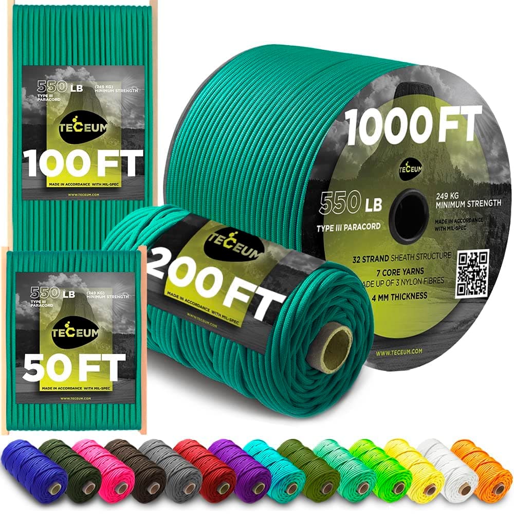 TECEUM Heavy Duty Rope 1000 – 1000ft / 200ft / 100ft / 50ft – 40+ Colors – Utility Rope for Survival & Camping Gear – Nylon String, Camping Rope, para Cord, Utility Nylon Rope, Tent Cord