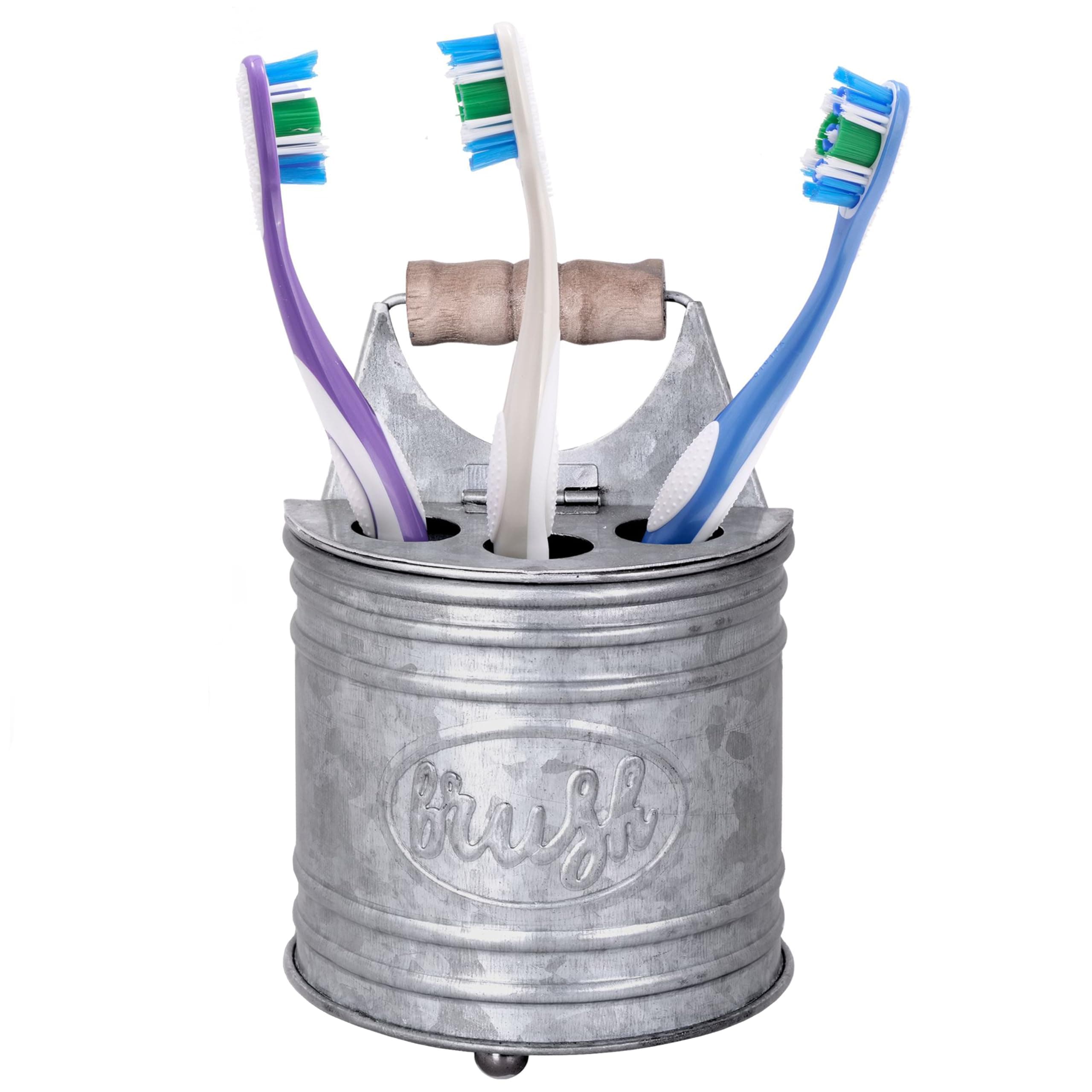 Farmhouse Toothbrush Holders for Bathrooms - Rustic Galvanized Tooth Brush Holder - Farmhouse Bathroom Accessories Country Decor, Toothpaste & Electric Kids Toothbrush Compartment, Grey