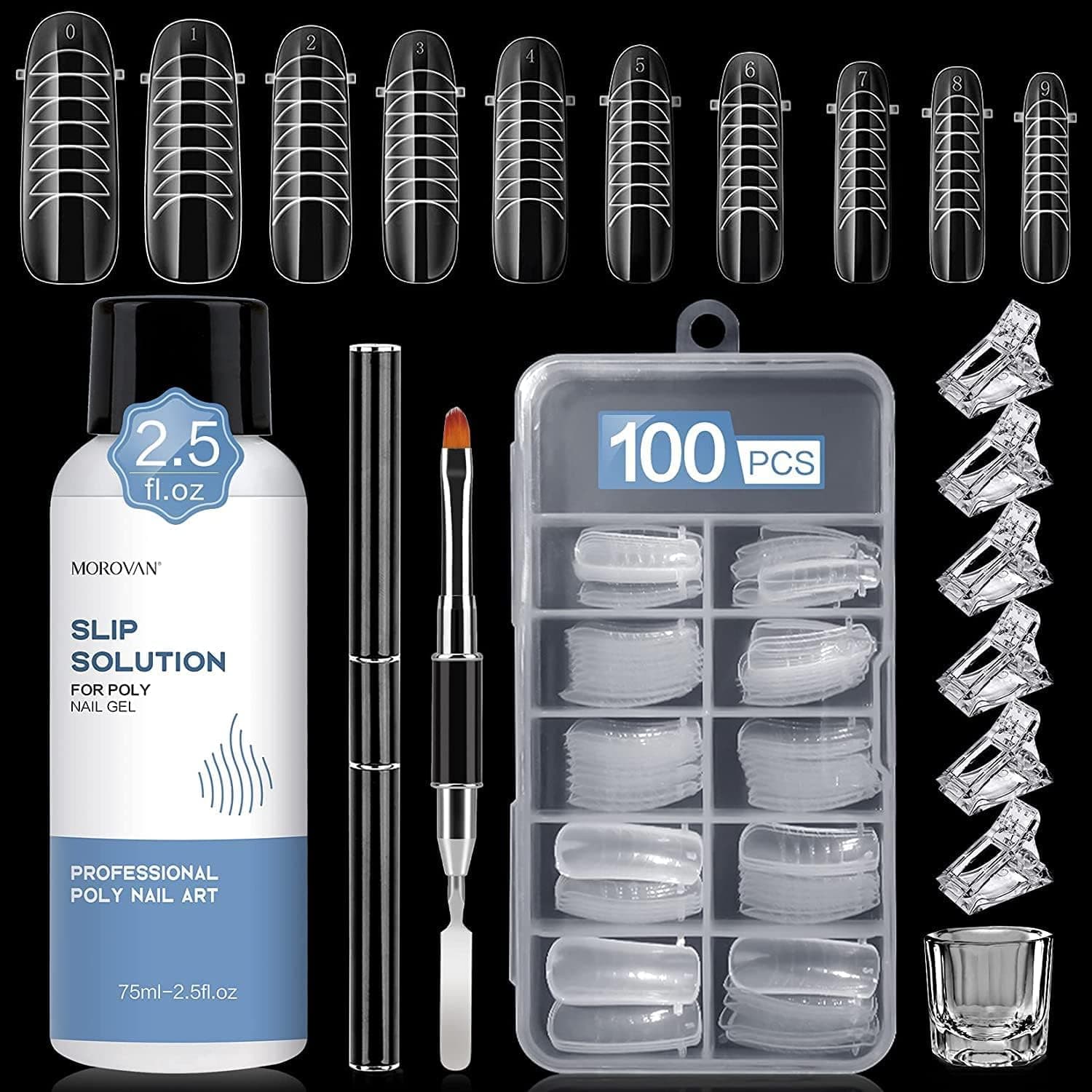 Nail Slip Solution Kit: 2.5 OZ Anti‑Stick Gel Liquid for PolyGel Nails with Dual‑Ended Brush & Nail Forms Ideal Easy Spread for Beginners