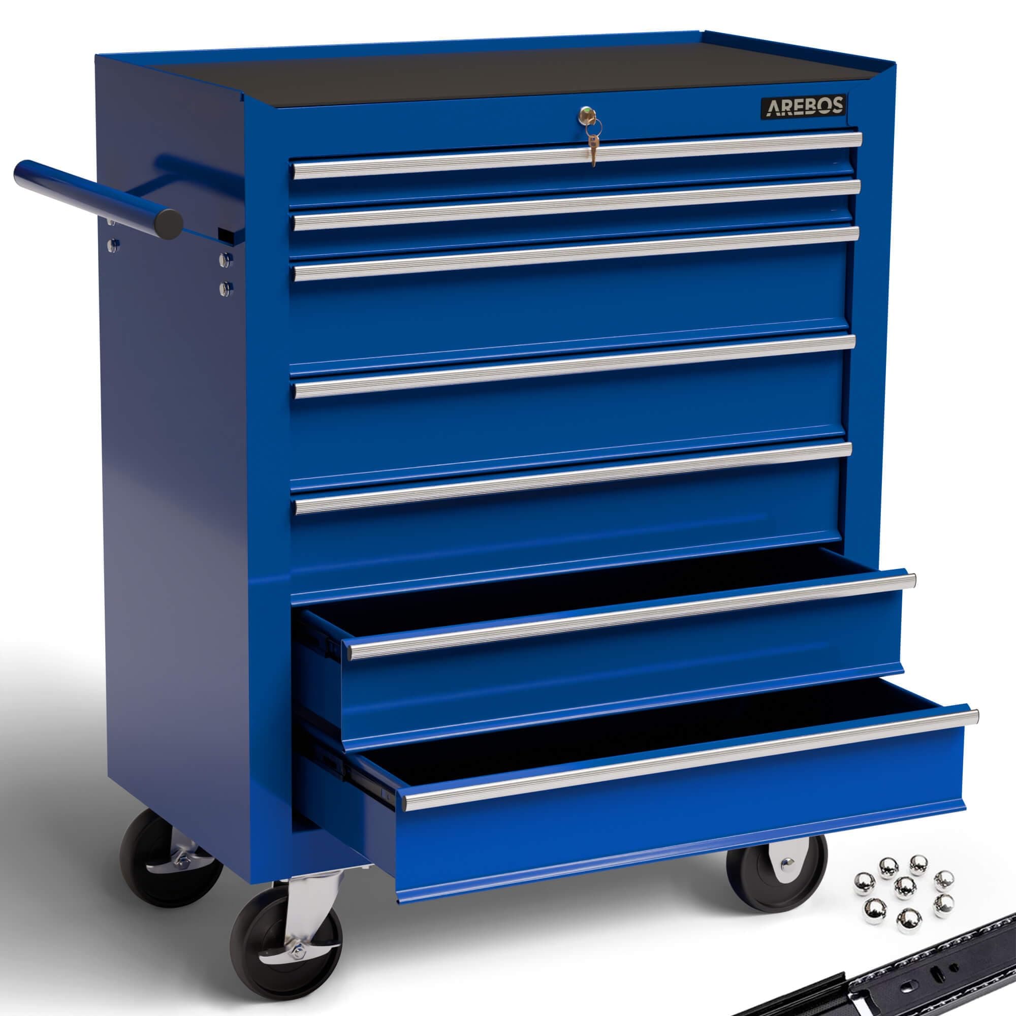 Arebos Tool Cabinet Workshop trolley 7 compartments | centrally lockable | incl. anti-slip mats | drawers with ball bearings | 2 castors with parking brake (blue)