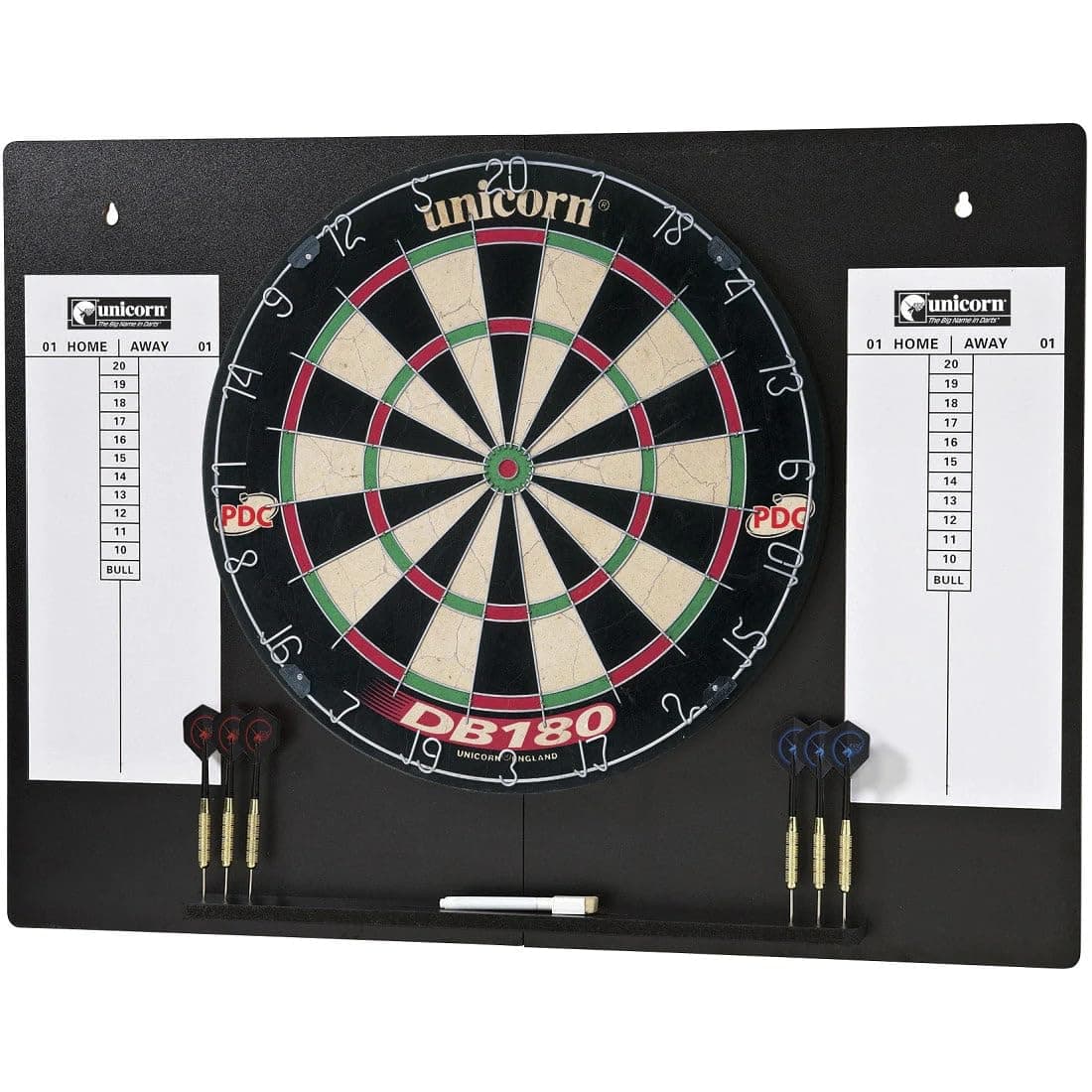 Unicorn Home Darts Centre | DB180 Dartboard & Black Fold-Out Wall Mount | Sisal Bristle Board with Staple-Free Construction | Wipe-Clean Scoring Board | includes 2 Sets of Darts