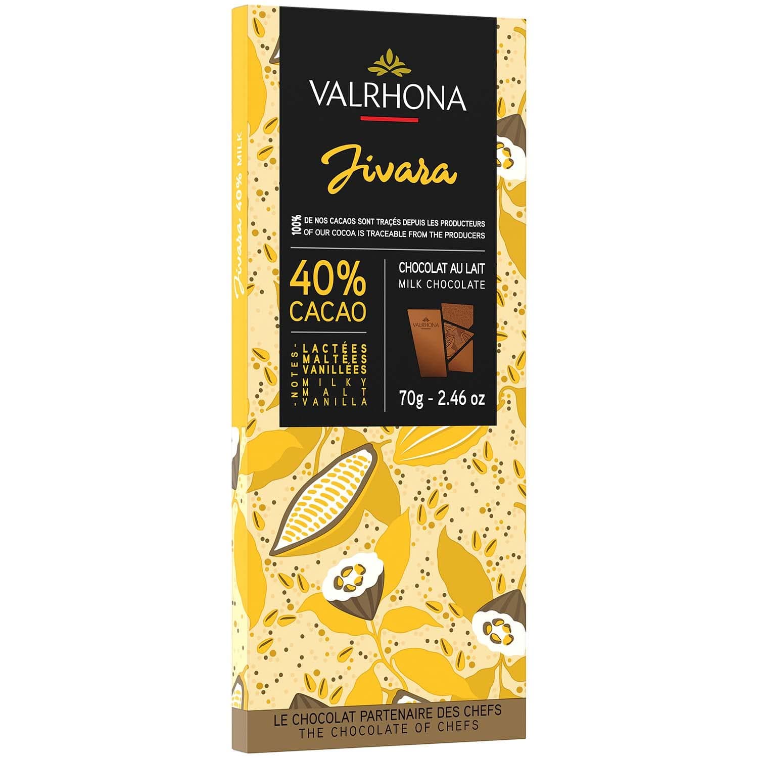 Valrhona Milk Chocolate Bars. Single Origin Gourmet French Chocolate, Creamy, Balanced. Great for Sauces, Mousse, Frosting, Desserts, Brownies 70g (Pack of 1) (JIVARA 40%)