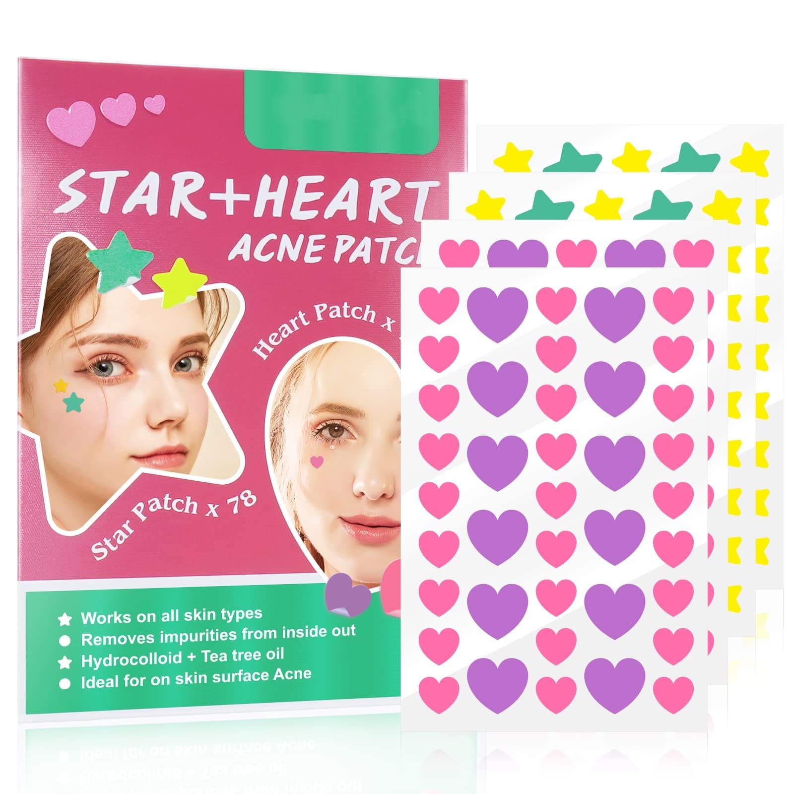 HONPOLO 126Pcs Color Acne Removing Patch Gentle Makeup Acne Covering Heart Star Round Acne Removing Patch 3 Styles (Red)