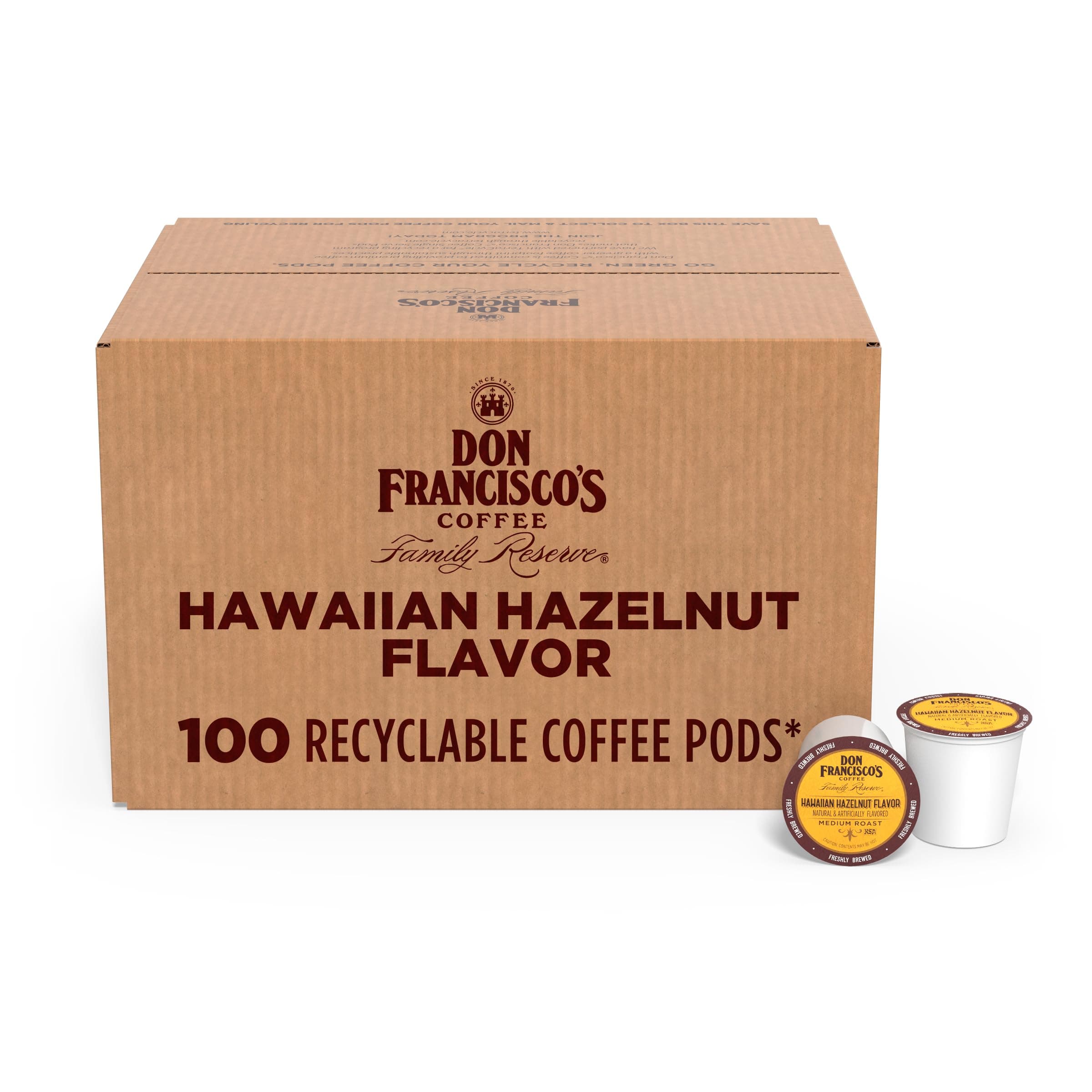 Don Francisco's Hawaiian Hazelnut Flavored Coffee Pods, 100 Count, Medium Roast, Compatible with Keurig Brewers