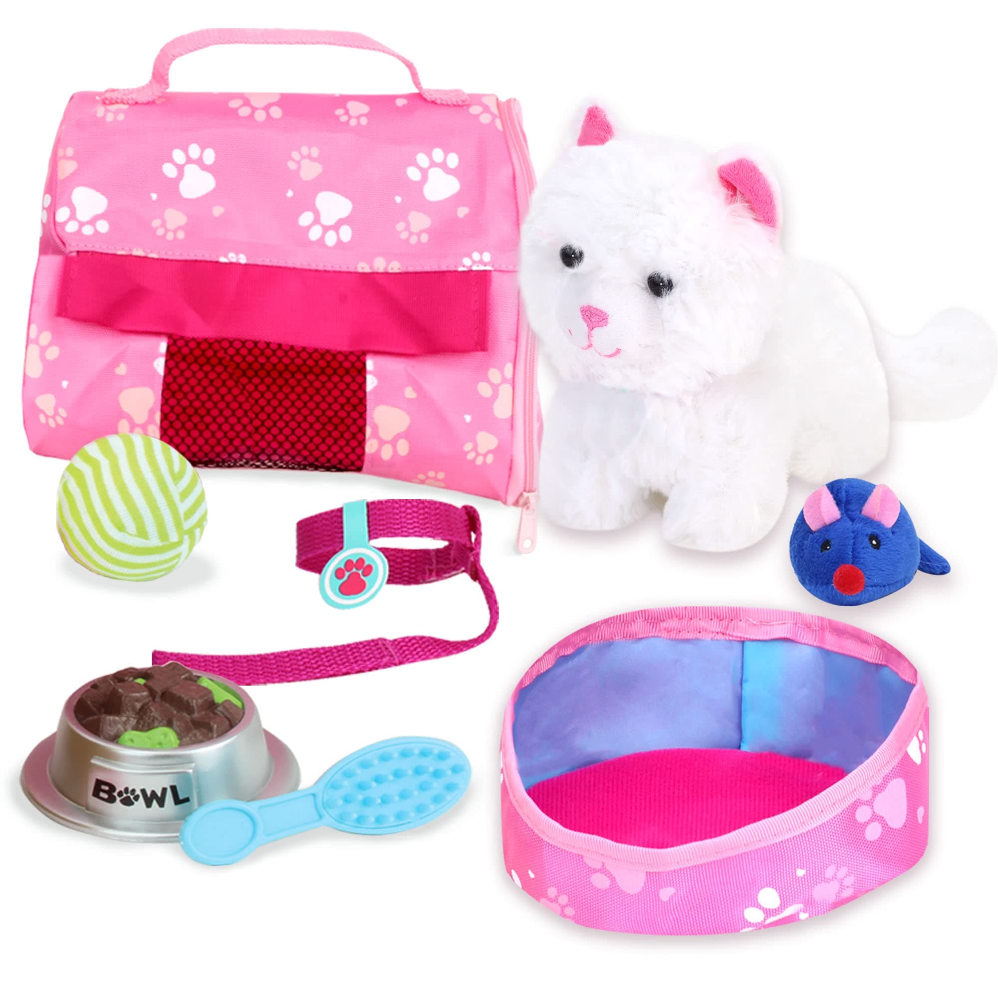 Sophia's White Plush Kitty Cat and Accessories Set with Leash, Food Bowl, Comb, Toy Ball, Toy Mouse, Bed, Blanket, and Carrier for 18" Dolls