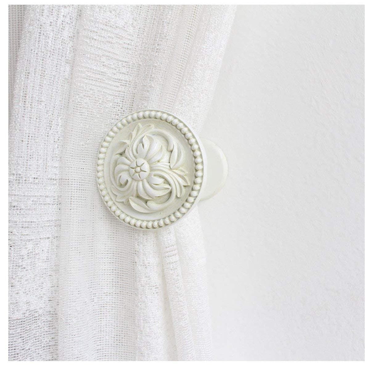 YING CHIC HCY 1Pair Antique Medallion Drapery Holdbacks Decorative Curtain Wall Hooks Curtain Rod (White)