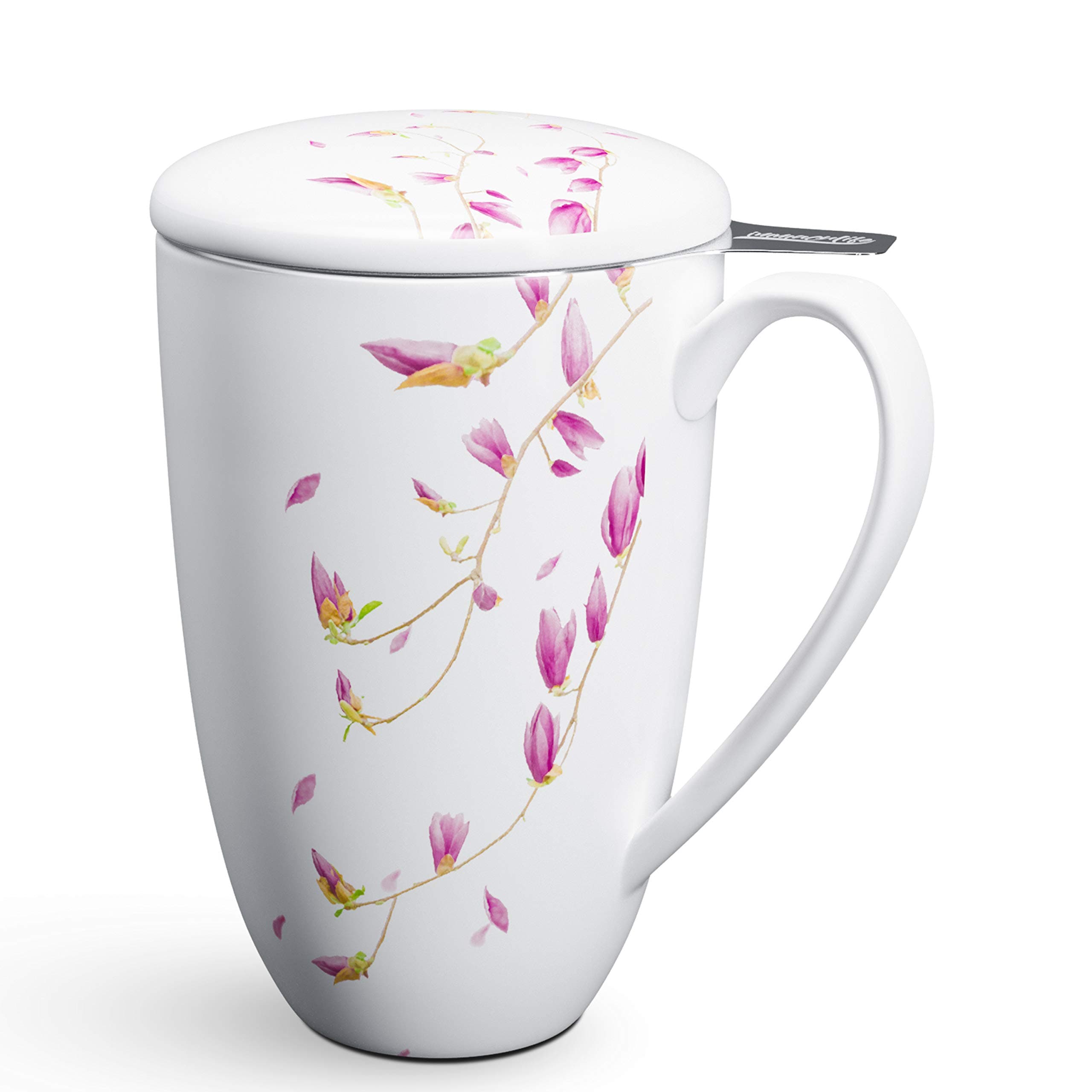 Tea Mug with Infuser and Lid Ceramic Tea Cup with Lid - Teaware with Filter 16oz, White Flower