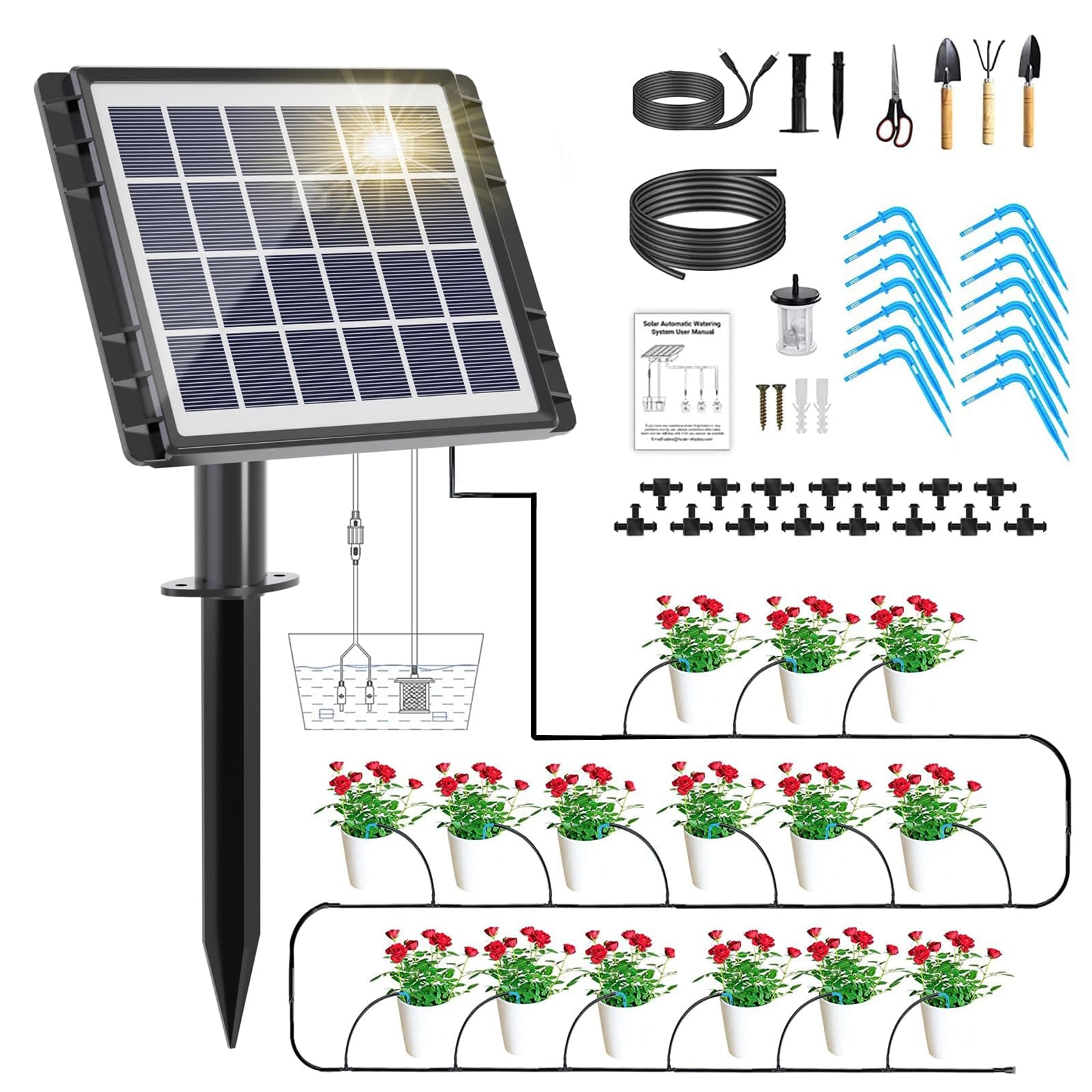 Solar Auto Drip Irrigation Kit System, Solar Powered Plants Watering System, Self Watering Devices Supported 15Pots with 6Timing Modes, Irrigation System for Indoor and Outdoor,Balcony Patio & Garden