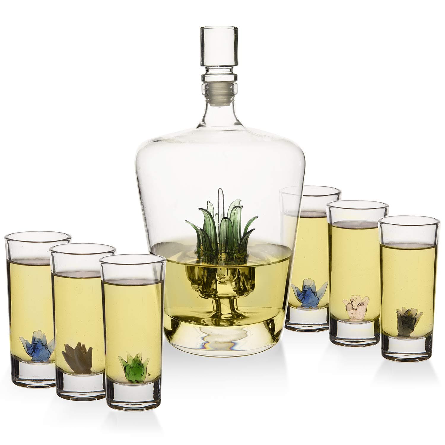 Agave Tequila Glasses & Decanter Set – Handblown 25oz Liquor Decanter & 6 Shot Glasses, 3oz Sipping Glassware – Unique Tequilas Gifts & Gift sets, Agave-Inspired Barware for Mezcal, Whiskey & Spirits