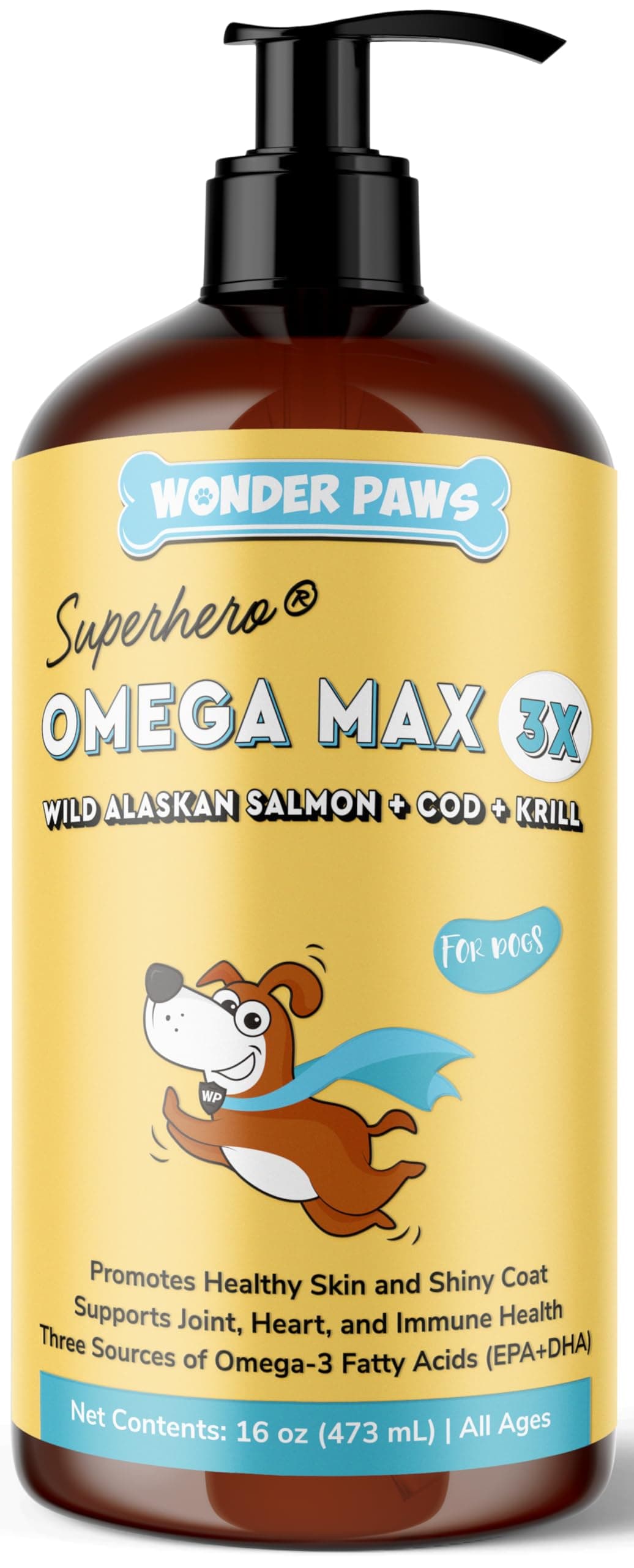 Wonder Paws Fish Oil for Dogs - Omega 3 for Dogs from Alaskan Salmon, Cod & Krill Oil - EPA DHA Fatty Acids - Less Shedding & Itching - Skin, Joint, Immune & Heart Health - Liquid Supplement (16 oz)