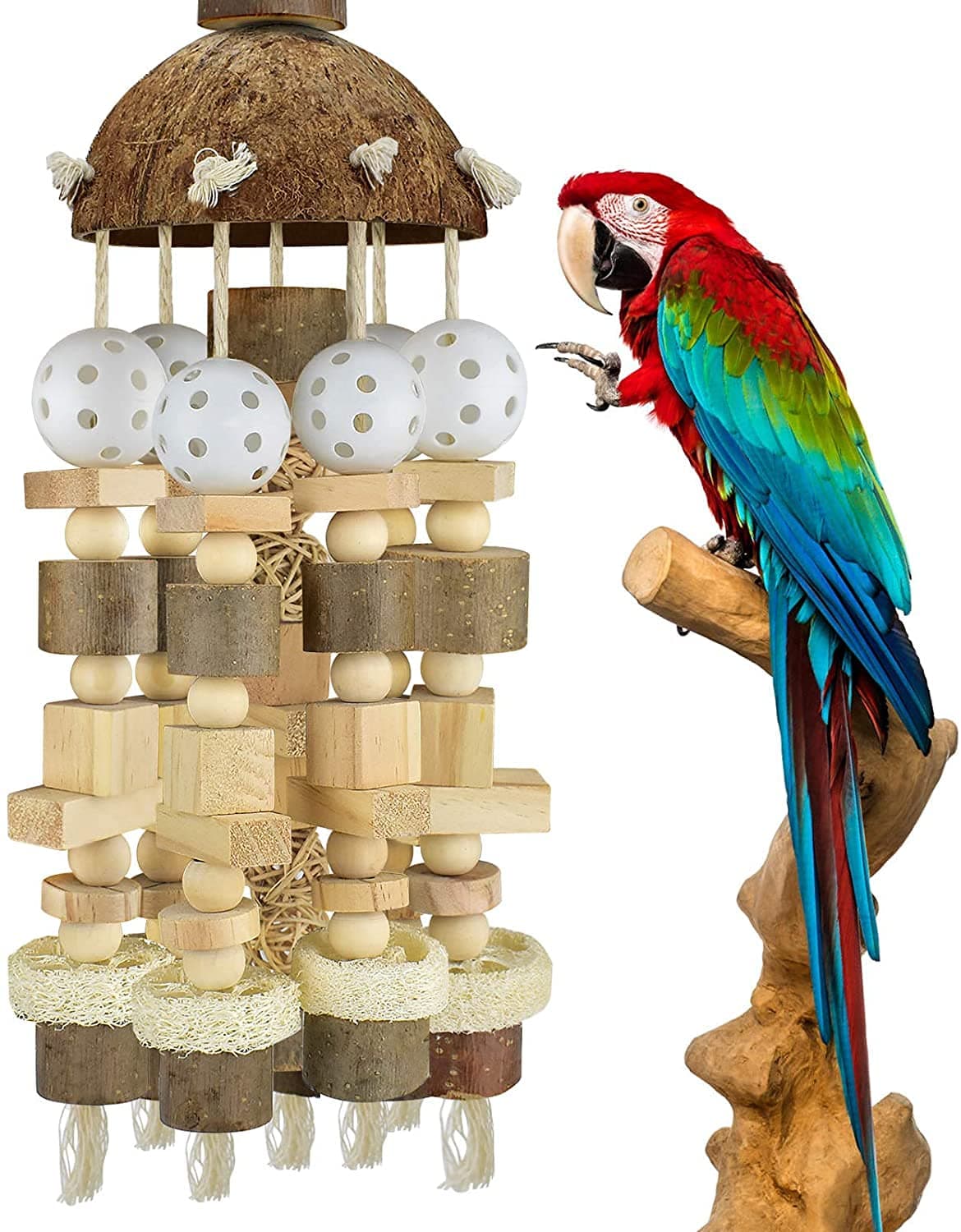 Bird Parrot Toy, Large Parrot Toy Natural Wooden Blocks Bird Chewing Toy Parrot Cage Bite Toy Suits for African Grey Cockatoos Amazon Parrots Ect Large Medium Parrot Birds