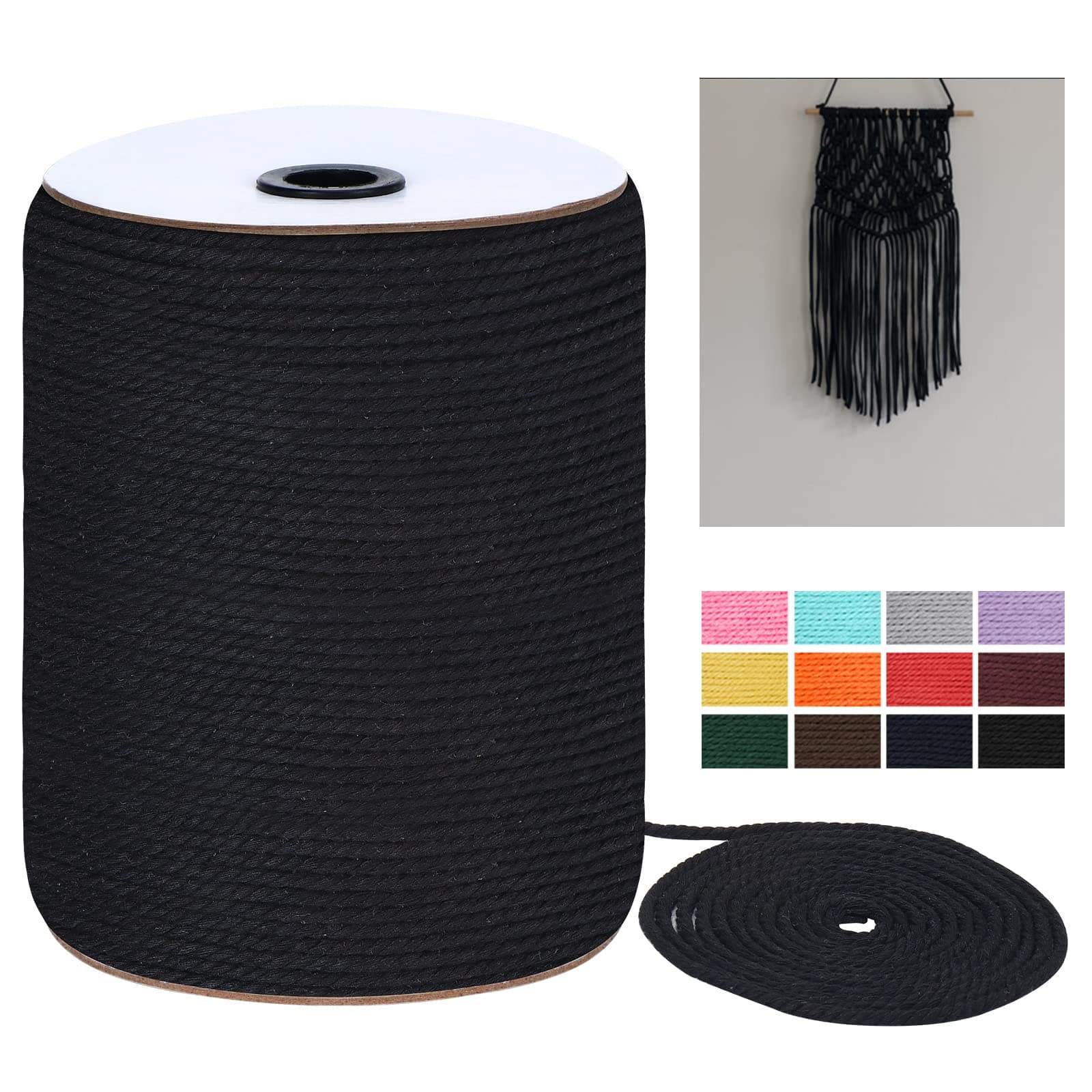 Macrame Cord 5mm x 165Yards, Natural Cotton Macrame Rope - 3 Strands Twisted Macrame Cotton Cord for Wall Hanging, Plant Hangers, Crafts, Gift Wrapping and Wedding Decorations, Black