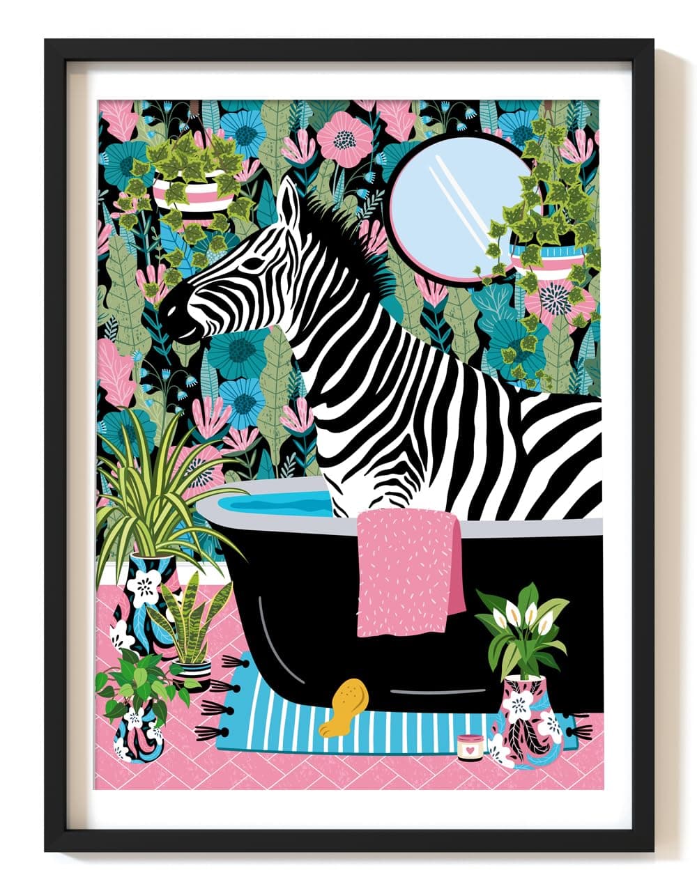 Parmaro Zebra Bathroom Print, A4 UNFRAMED Animal on Toilet Print, Pink Botanical Tropical Bathroom Decor