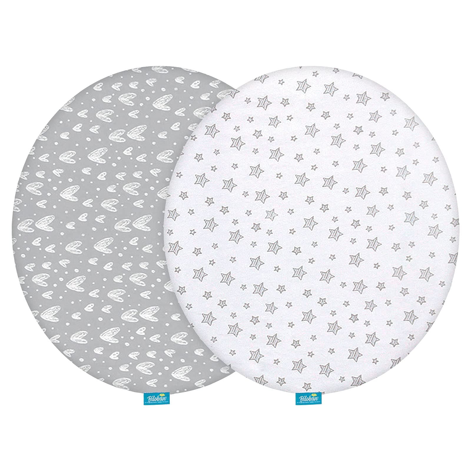 Bassinet Sheets Compatible with Fisher-Price On-The-Go Baby Dome, 2 Pack, 100% Jersey Knit Cotton Fitted Sheets, Breathable and Heavenly Soft, Grey Hearts and White Stars Print for Baby