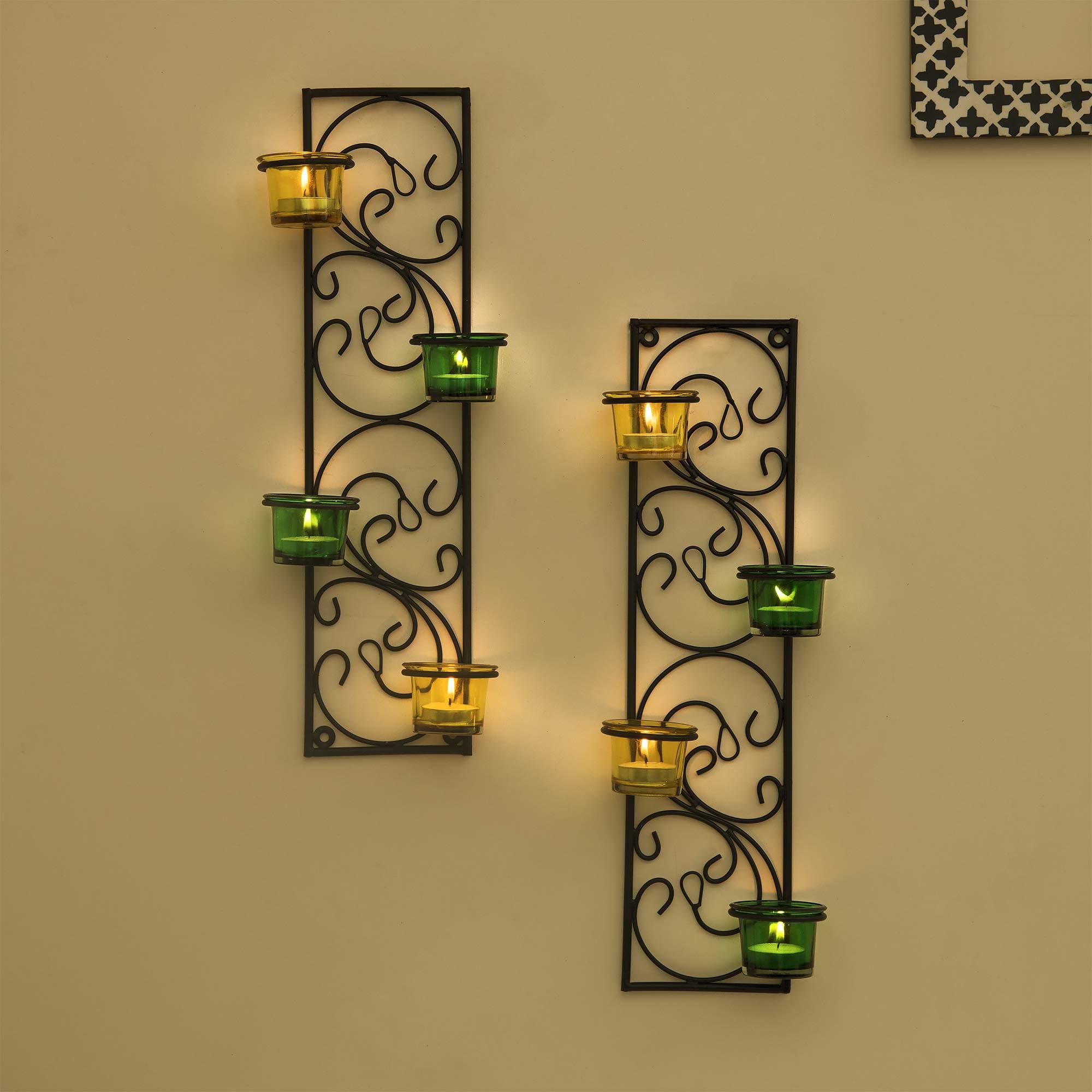Homesake® Wall Candle Sconce Set of 2 Wrought Iron Candle Holder Hanging Wall Mounted Candle Sconces for Living Room Home Decor, Black with Glass and Free T-Light Candles (Green Yellow)