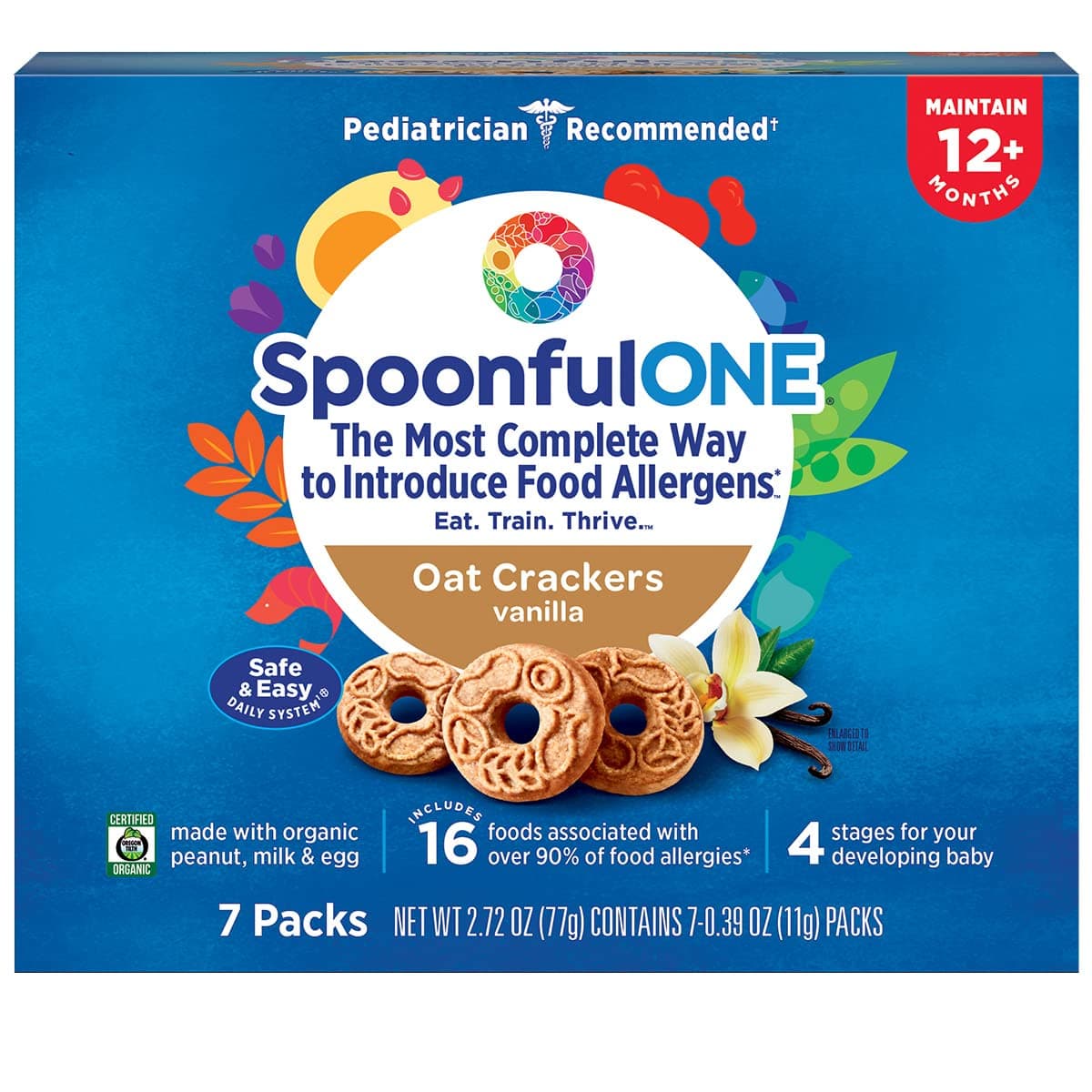 SpoonfulONE Food Allergen Introduction Oat Crackers | Smart Feeding Snack for a Toddler or Baby 12+ Months | Certified Organic (Vanilla - 7 Pack)