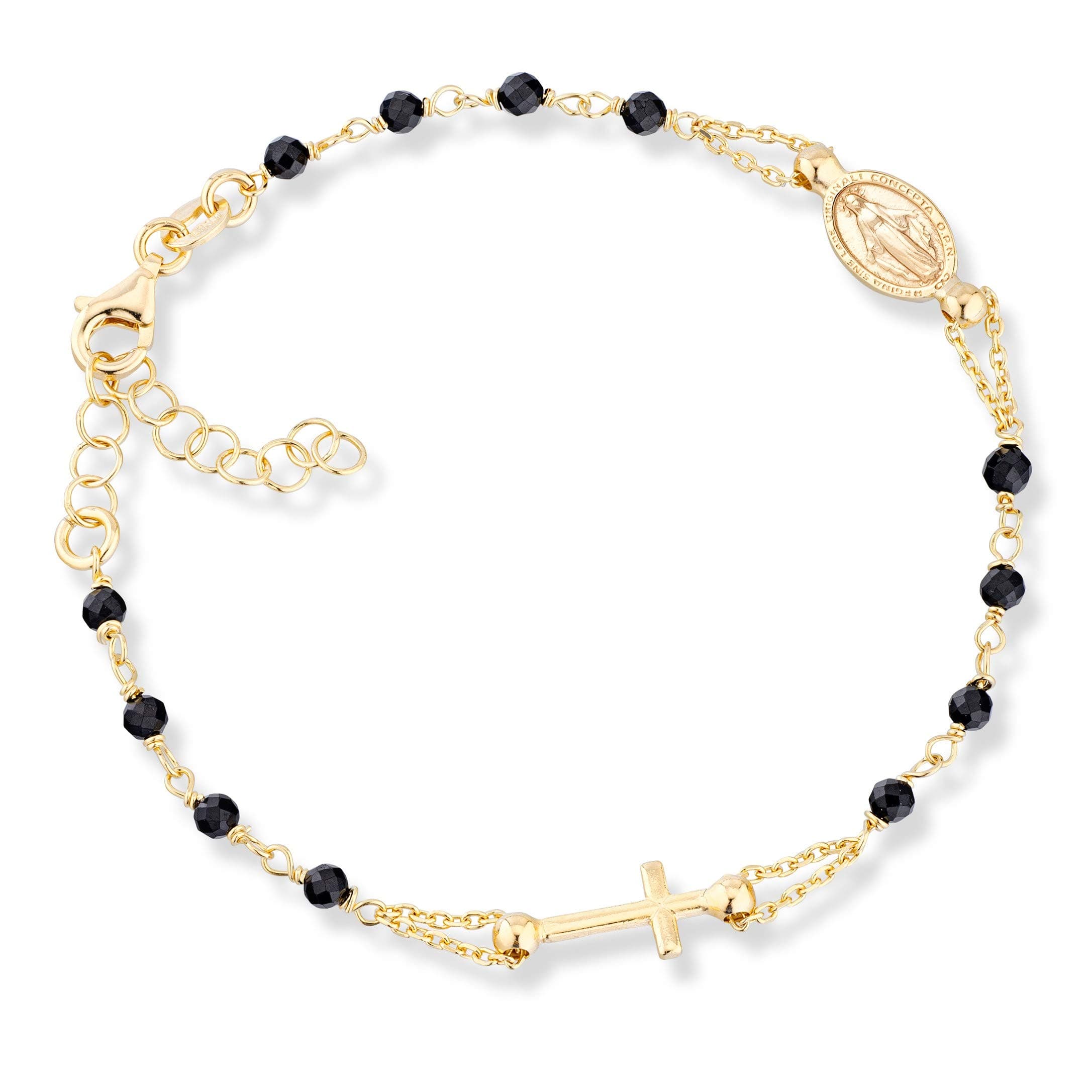 18K Gold Plated 925 Sterling Silver Italian Natural Black Spinel Rosary Cross Charm Bead Bracelet for Women, Adjustable Link Chain, Bracelet made in Italy