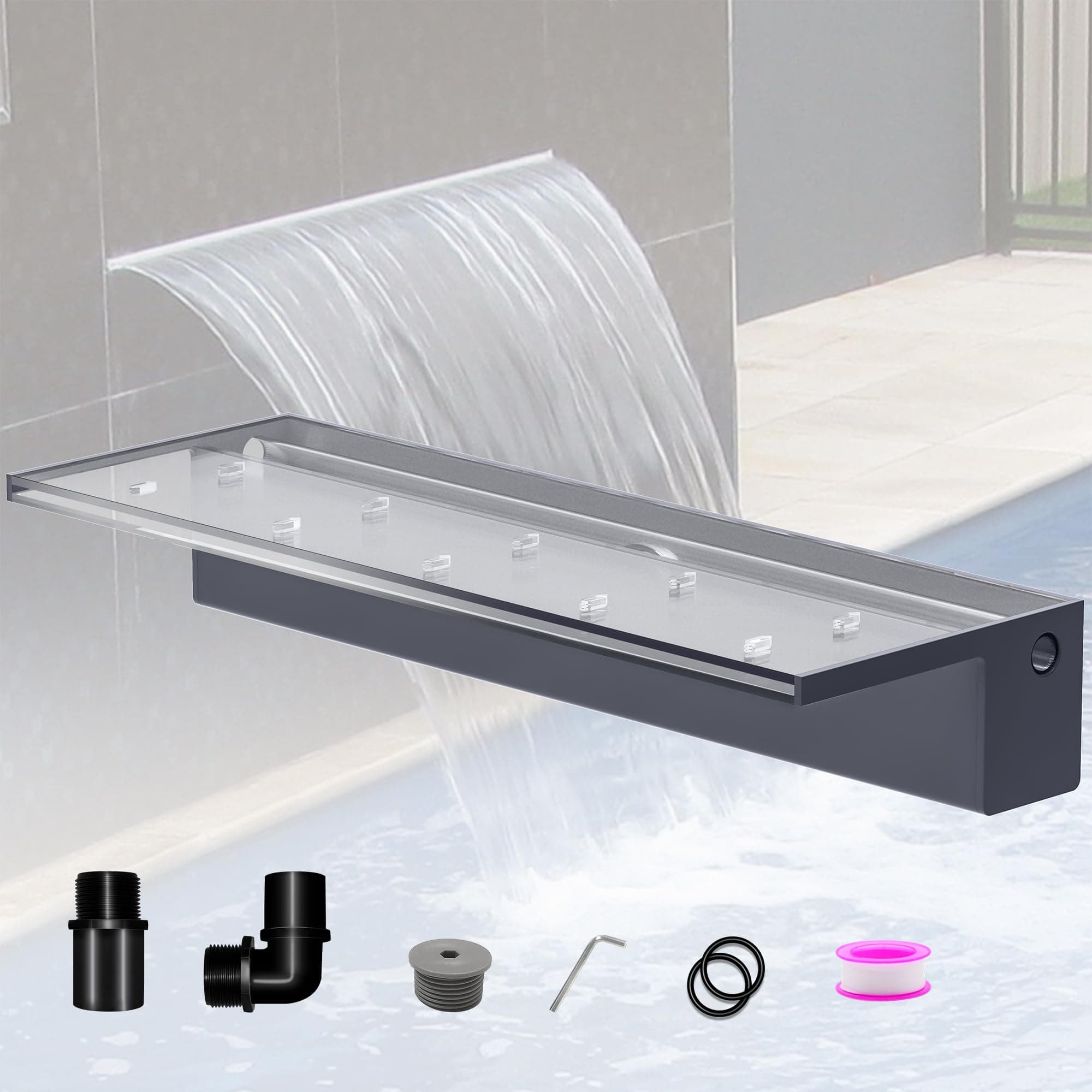 Pond Waterfall Blade Kit, 60cm Acrylic Pool Fountain with Accessories, Width 20cm Spillway Water Feature Waterfall Cascade for Garden Patio Pond Decoration