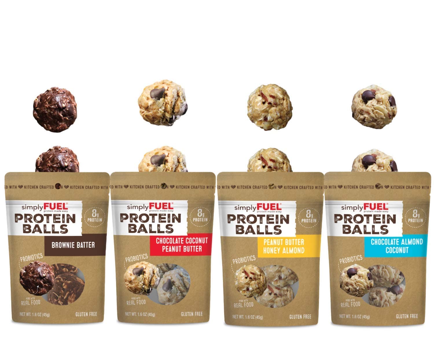simplyFUEL Protein Ball Variety Pack | 4 Pack | 2 Balls Each | Probiotic + High Protein Whole Food Snack | Certified Organic Ingredients | 8 g Whole Food Protein | Gluten Free Oats | All 4 Flavors