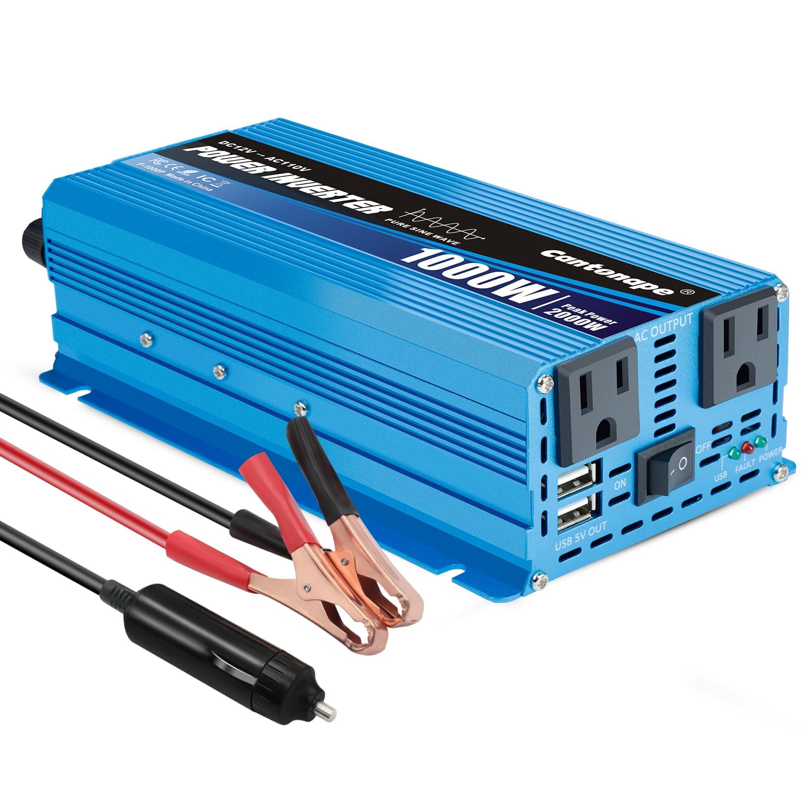 1000W Pure Sine Wave Inverter 12V to 110V/120V AC Power Inverter Converter with 3.1A USB Car Adapter and Cigarette Lighter Plug for Car Outdoor