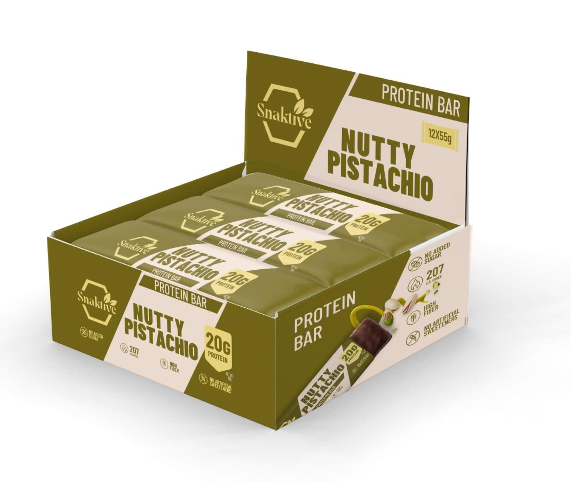 Snaktive Nutty Pistachio Protein Bar, High Protein and High Fiber Natural Clean Bar, 55G Crunchy Bars, Pre & Probiotics (12 Protein Bars, Pistachio)